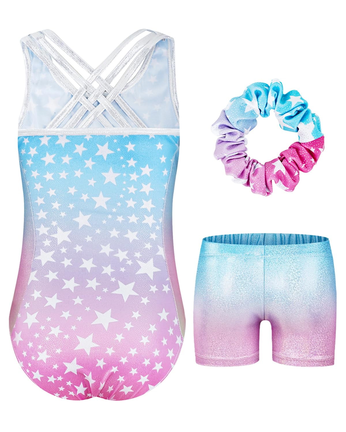 Gymnastics Leotards for Girls with Cross Back,Sparkly Dance Leotard Unitards with Shorts and Hair Band Biketards Outfit for 5-10 Years