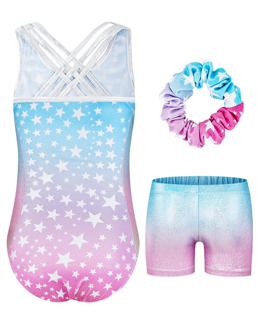 Gymnastics Leotards for Girls with Cross Back,Sparkly Dance Leotard Unitards with Shorts and Hair Band Biketards Outfit for 5-10 Years