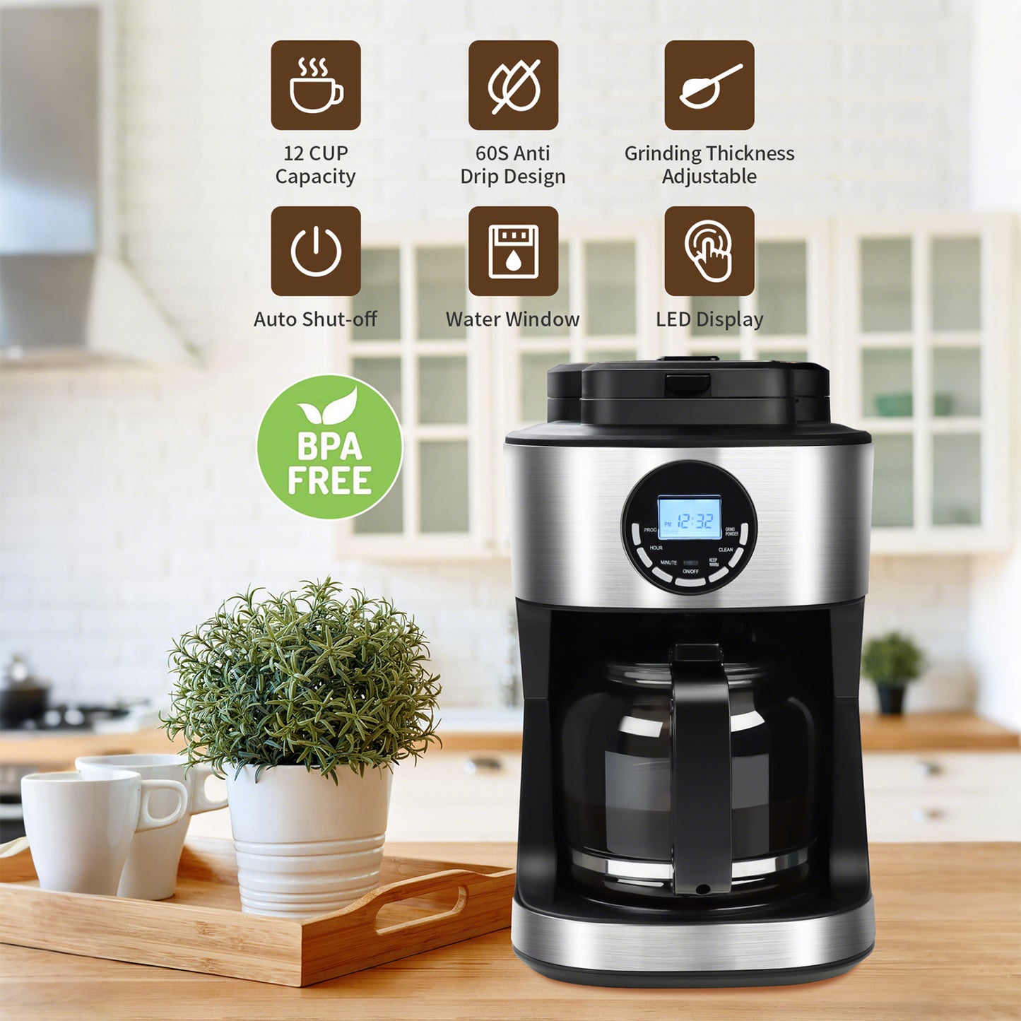 Kuhitley Coffee Maker with Grinder 12 Cups, Programmable Grind and Brew Coffee Machine with Warming Plate, Automatic Drip Coffee Pot with 60 oz Glass Carafe BPA Free, 950W, Black