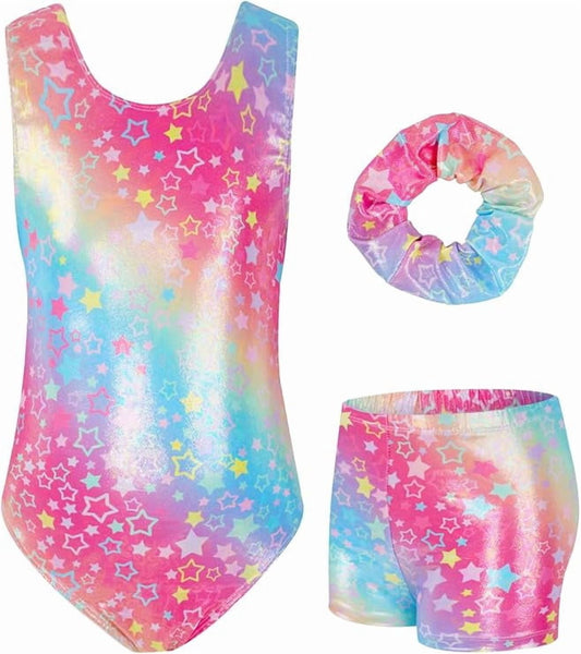 Girls Gymnastics Leotards Sleeveless U Shape Neck, Sparkly Dance Unitards with Shorts and Hair Toddler Leotard for 3-12 Years