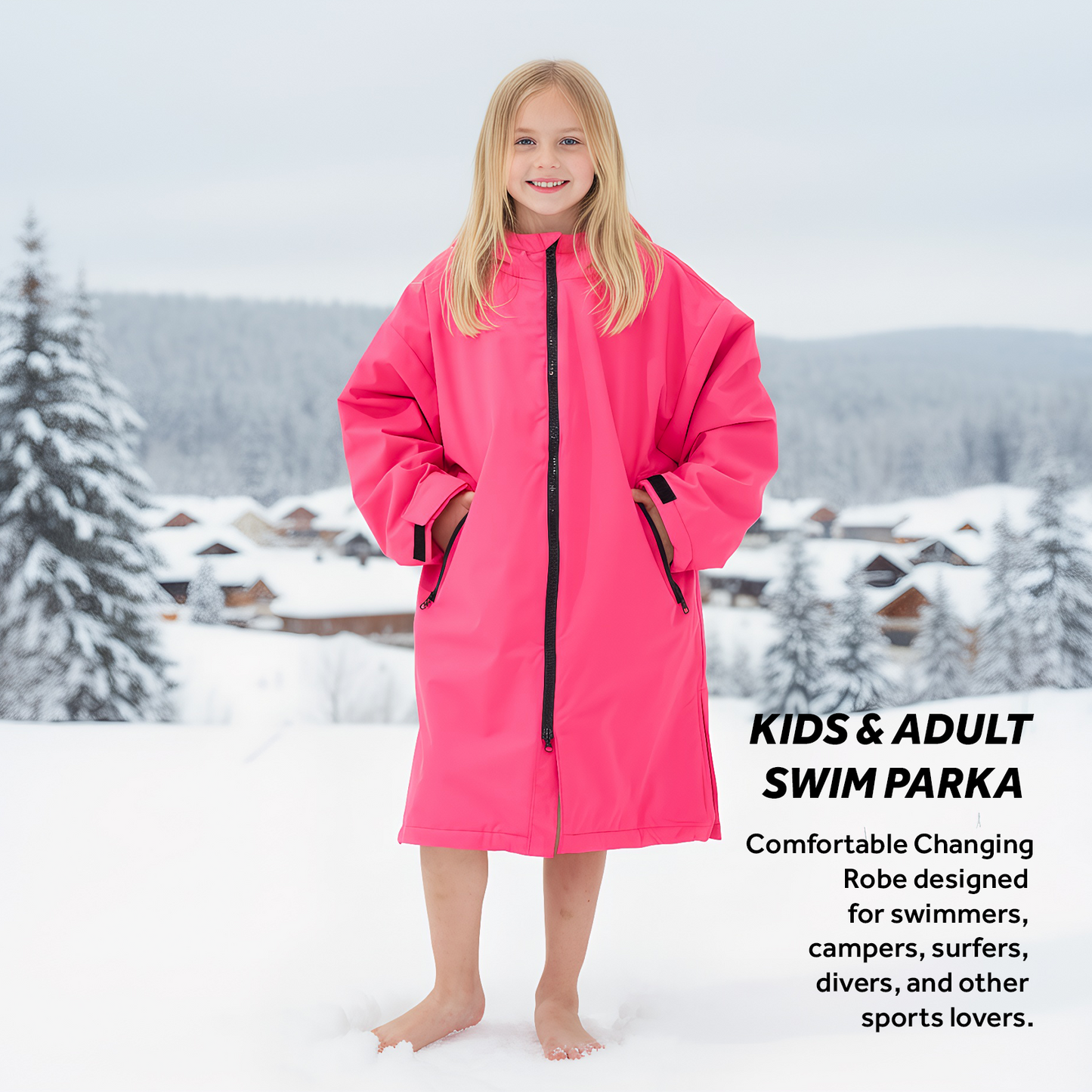 Lobmouse Swim Parka for Adult and Kids,Unisex Fleece Lined Hooded Swim Jacket,Waterproof Windproof Versatile Warm Coat Oversized Bat Wing Changing Poncho for Surfing Swimming