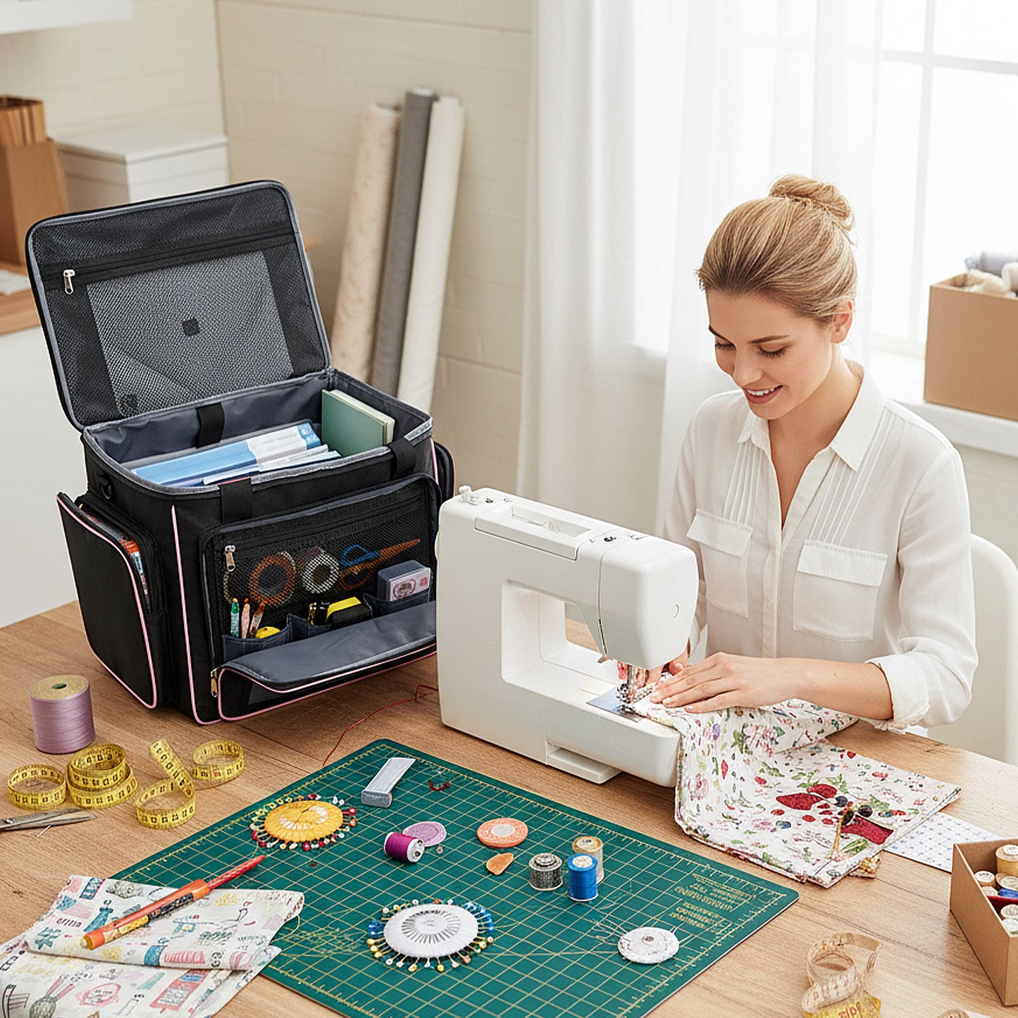 Fegat Rolling Craft Bag,Large Rolling Teacher Tote Bag with Laptop Compartment,Detachable Dolly,Roller Scrapbook Tote Bag Sewing Machine Storage Tote for Women,Craft,Teaching,Office, 5 Wheels, 17.3"