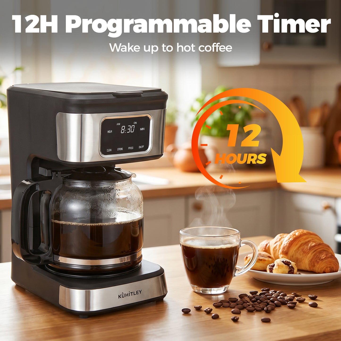 Kuhitley 12 Cup Drip Coffee Maker, 950W Automatic Coffee Machine with Programmable Timer, Strong Brew, 2-Hour Keep Warm & Auto Shut Off, 1.8L for Home Kitchen Daily Use,Black，CM-135ES2