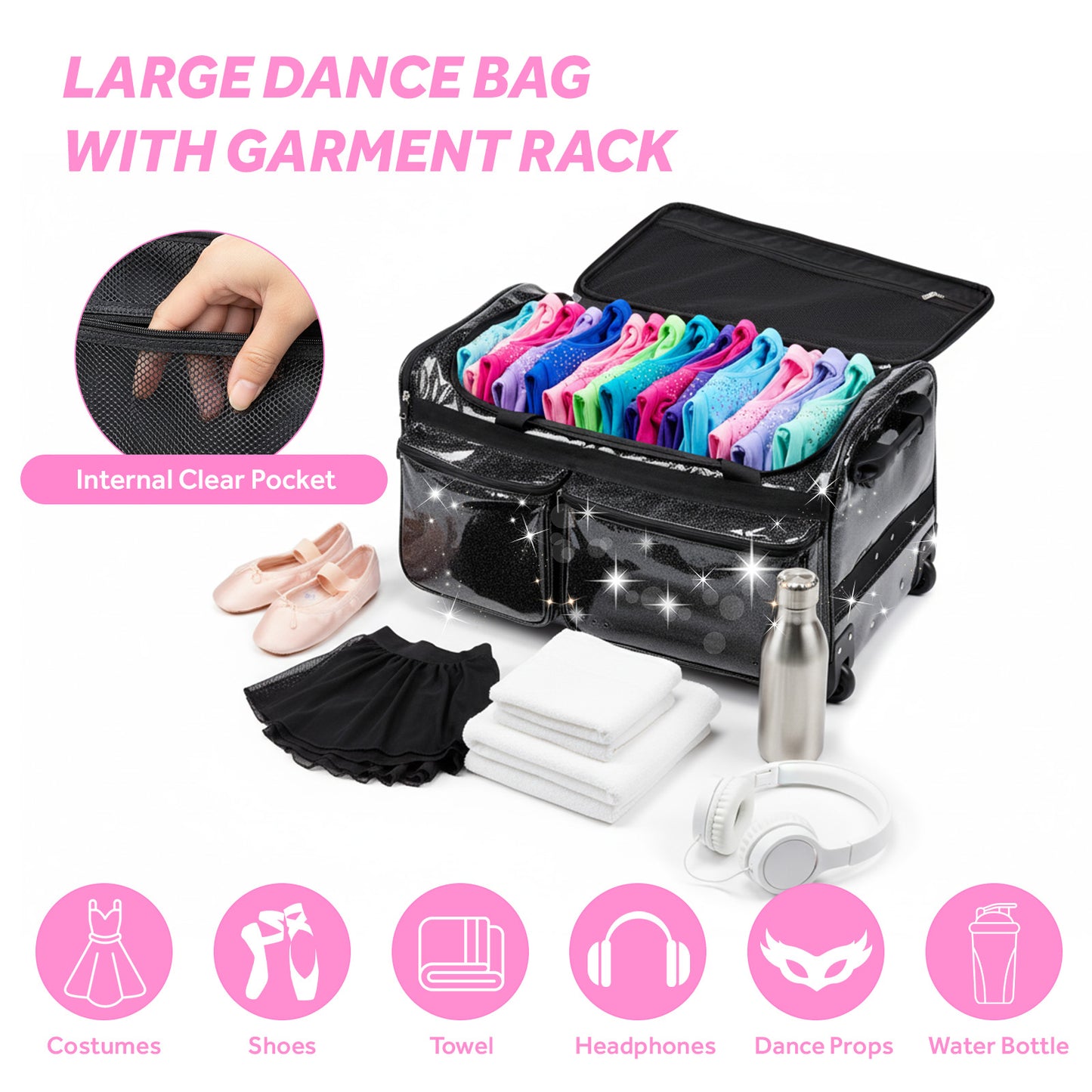 Fegat 28" Dance Bag with Garment Rack,Upgraded Collapsible Glittering Rolling Competition Dance Duffle Bag Lightweight Wear-Resistant Costume Wheeled Suitcase for Dancers Shows,Black