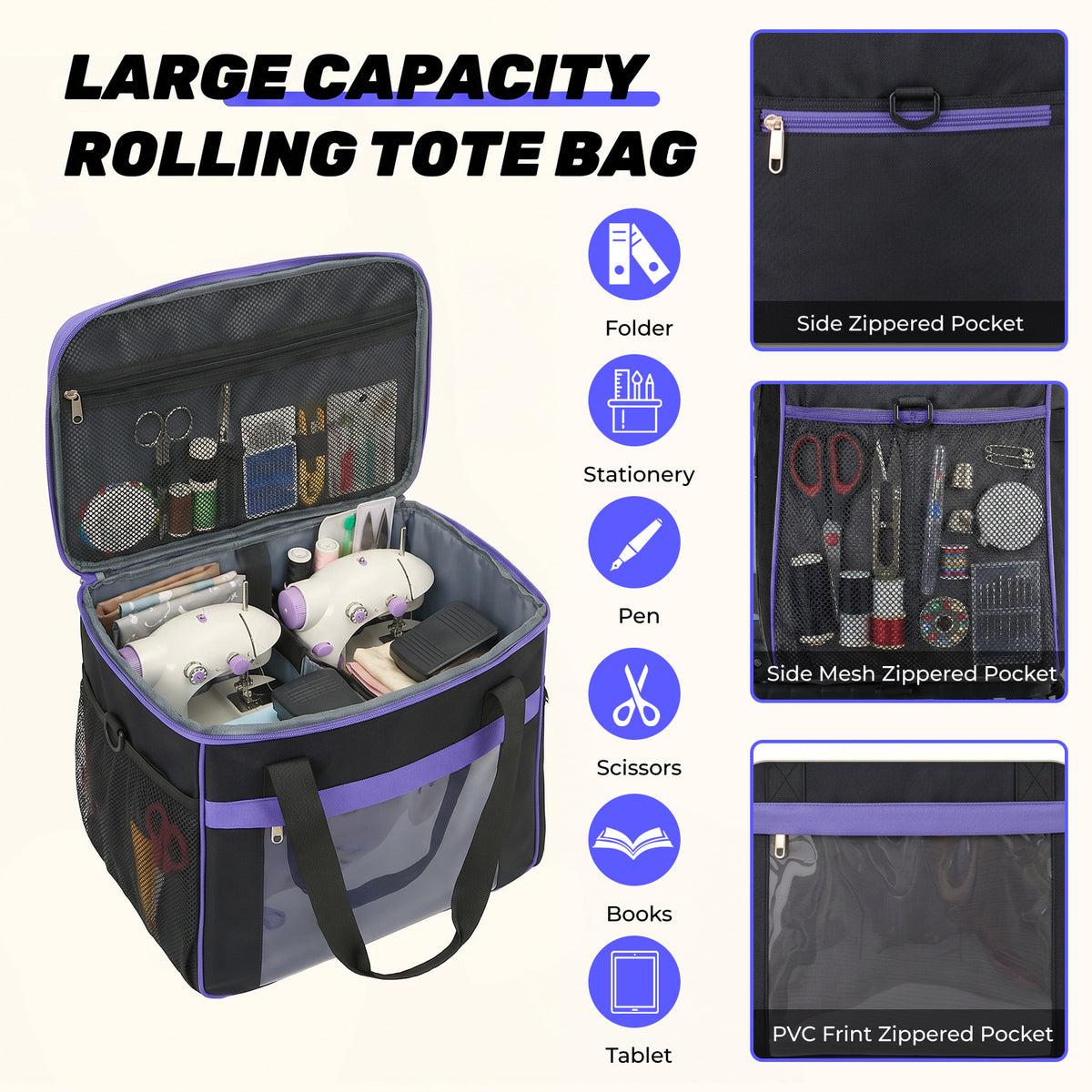 Rolling Craft Bag,Large Teacher Rolling Bag,Scrapbook Sewing Tote Bag for Teacher,Nurse,Craft,Office,Moving