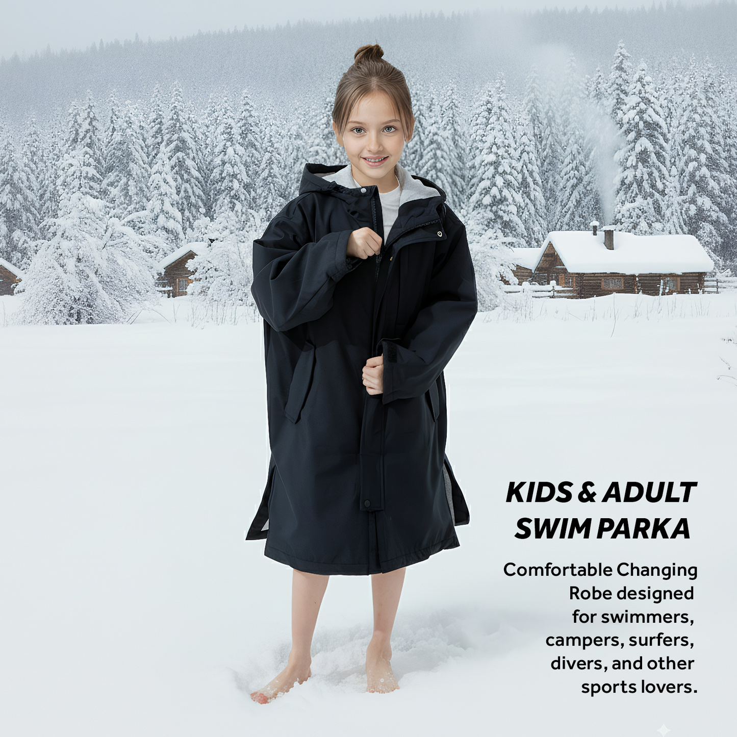 Lobmouse Swim Parka for Adult and Kids,Unisex Fleece Lined Hooded Swim Jacket,Waterproof Windproof Versatile Warm Coat Oversized Bat Wing Changing Poncho for Surfing Swimming