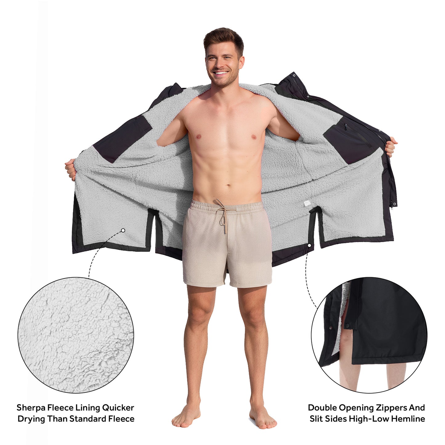 Lobmouse Unisex Swim Parka,Sherpa Fleece Lined Warm Coat,Windproof Waterproof Quick-dry Hooded Swim Jacket,Oversize Surf Poncho Changing Robe Parka for Adult & Kids