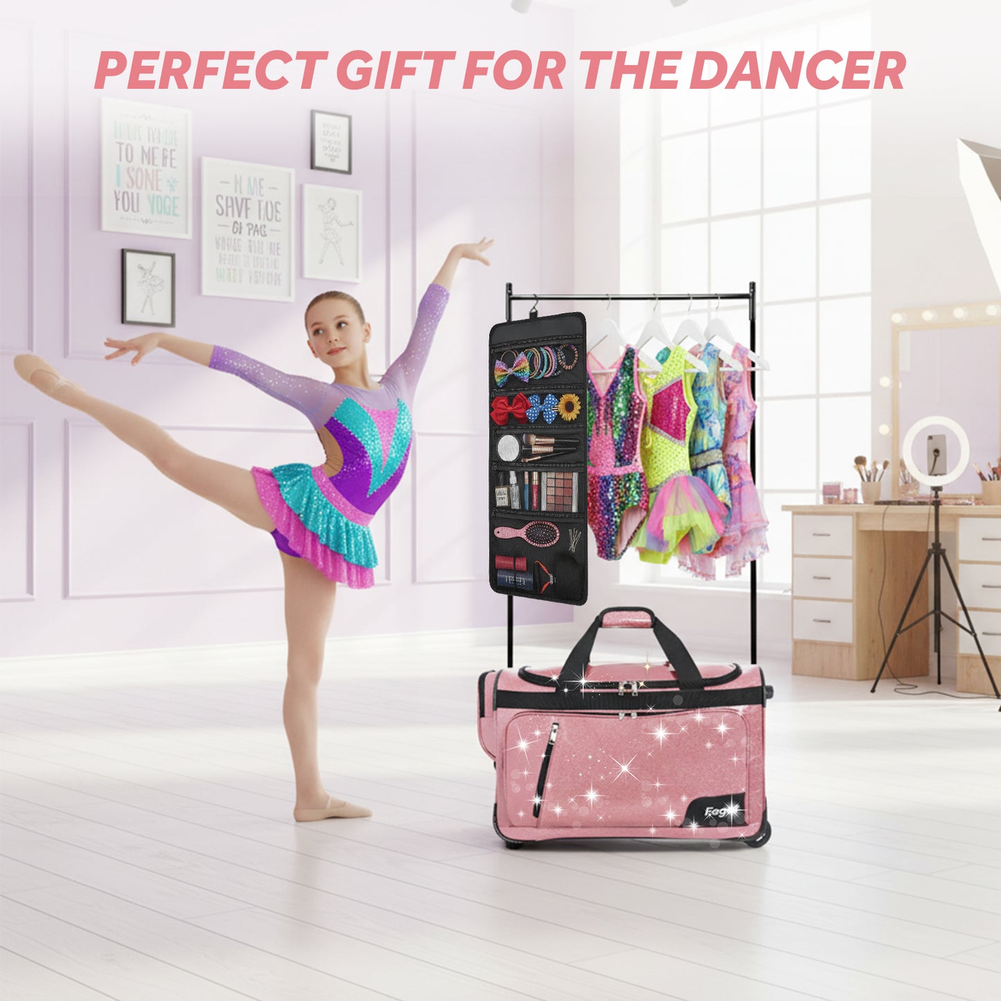 Fegat Dance Bag with Garment Rack-23"Glittering Rolling Competition Dance Travel Duffel Bag Lightweight Dance Bags for Cheerleader Dancers Athletes