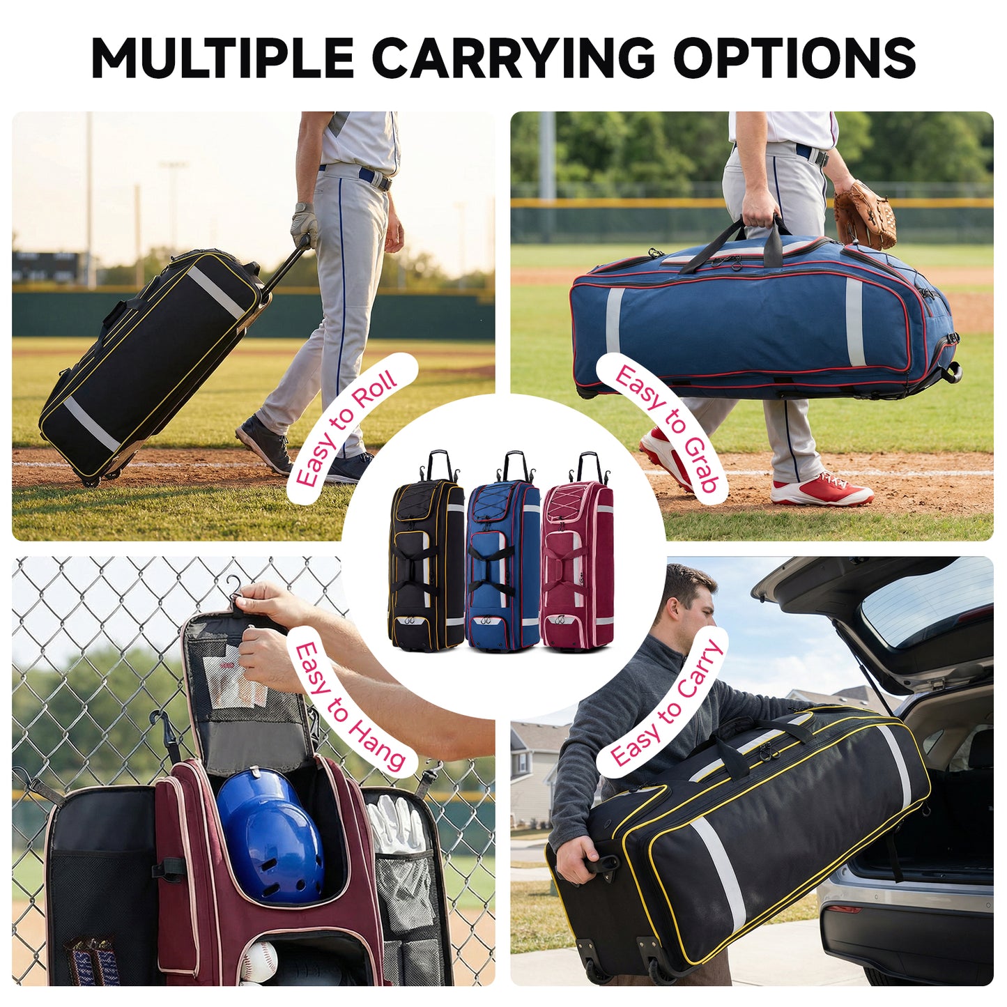 Fegat Rolling Baseball Bag with Wheels,90L Large Softball Bag Catchers Gear Bags for 8 Bats,Equipment Bag with 5 Fence Hooks,Reflective Strip,Shoe Compartment,Holds All Softball Baseball Equipment