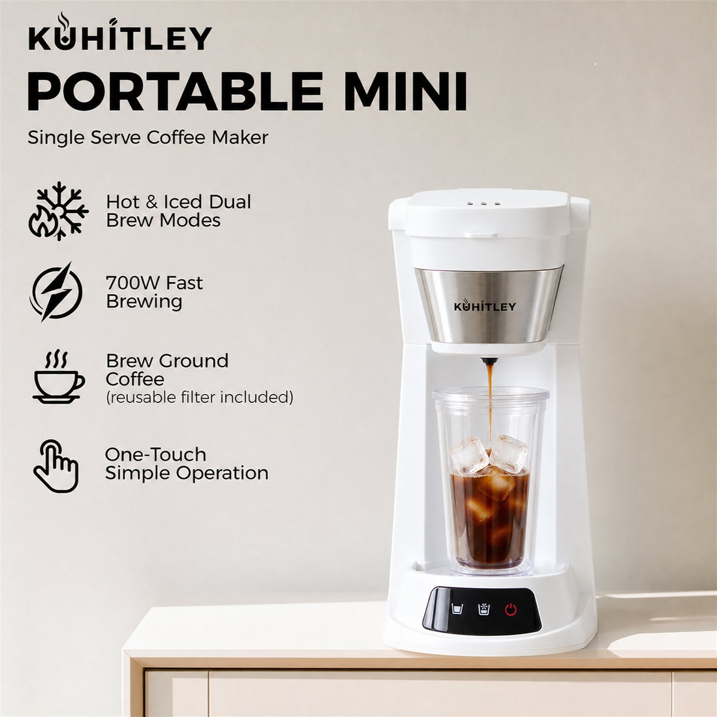Kuhitley Single Serve Coffee Maker for Grounds,14oz Hot & Iced Coffee Brewer with 420ml Water Cup,700W Compact Machine with Reusable Mesh Filter,One Cup Coffee Maker for Home