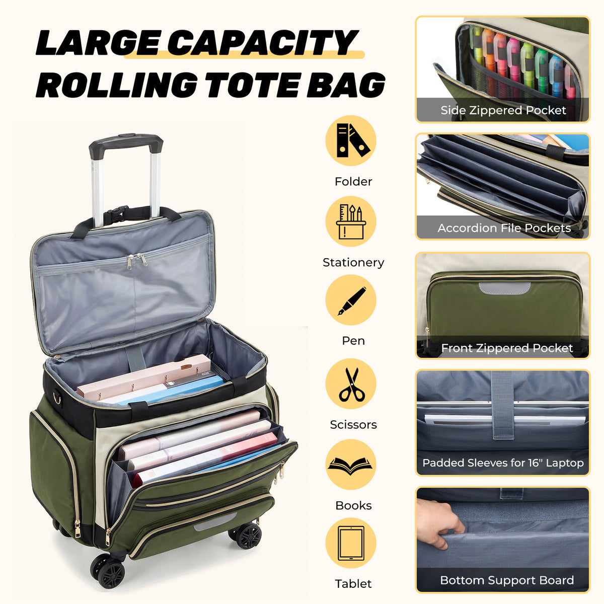 Rolling Craft Bag,Rolling Teacher Bag with Insulated Lunch Bag,Large Sewing Machine Tote & Accessory Storage,Detachable Rolling Transport Tote for Crafts,Teaching,Office