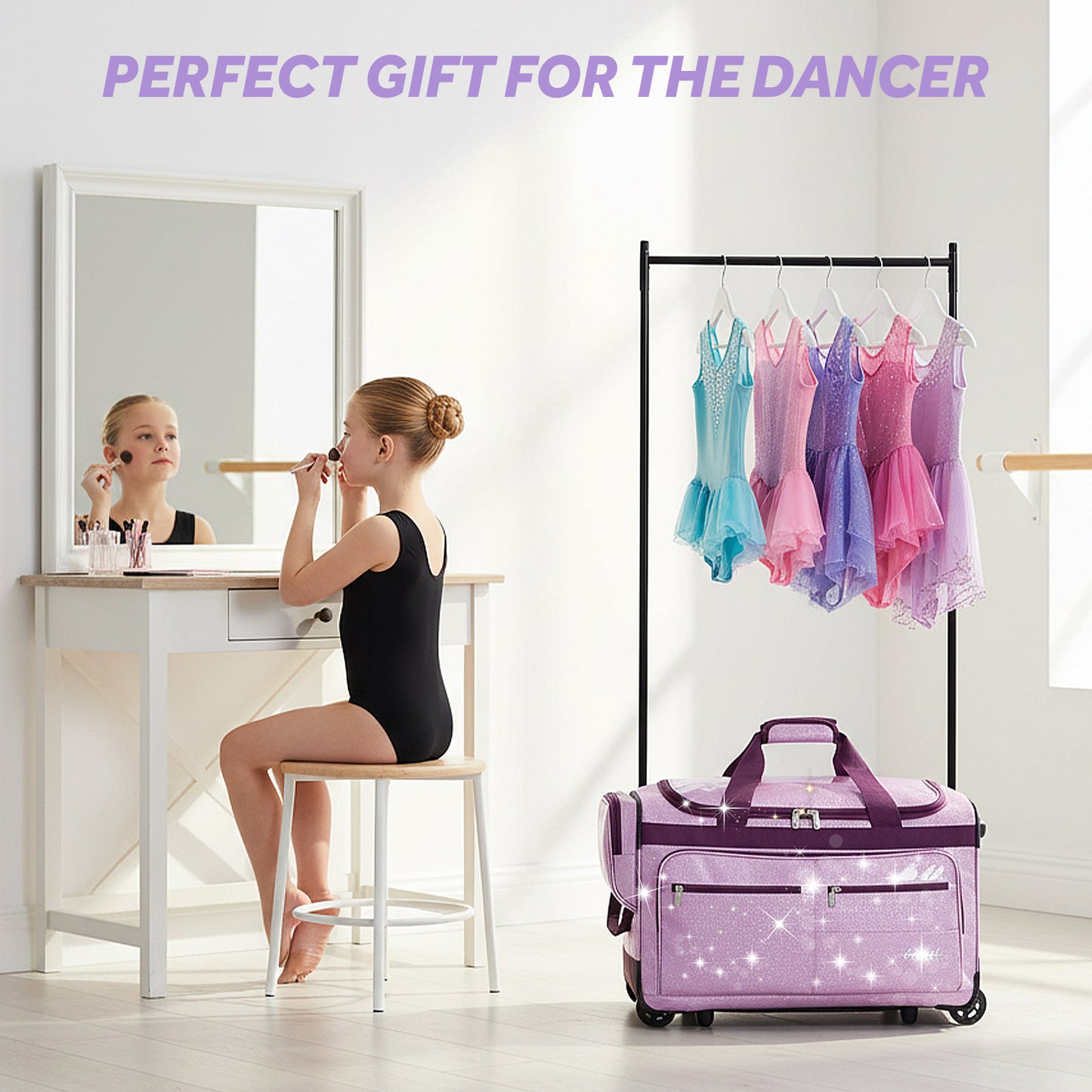 Fegat Dance Bag with Garment Rack,23"Glitter Bright Rolling Dance Duffel Bag Lightweight Competition Bag Costume Suitcase for Dancers Performer Artist, Shine Glitter Purple
