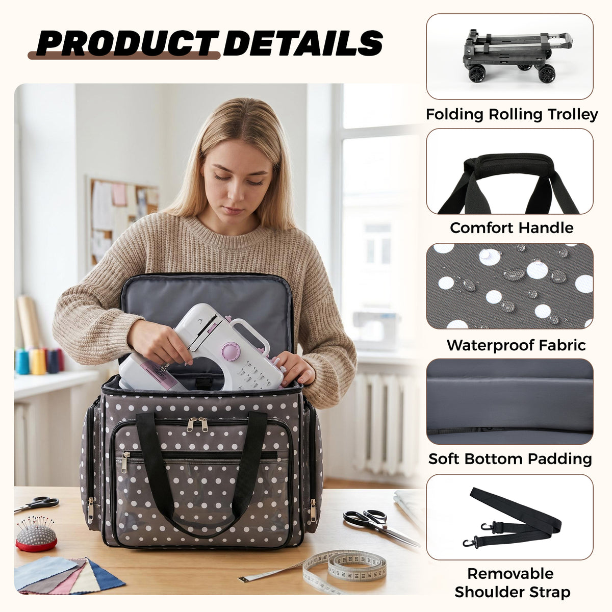 Rolling Craft Bag Sewing Machine Carrying Case,Rolling Organizer Work Bag with Removable Bottom Pad,Trolley Tote Bag on Wheels for Crafter Nurse,Teaching,Office