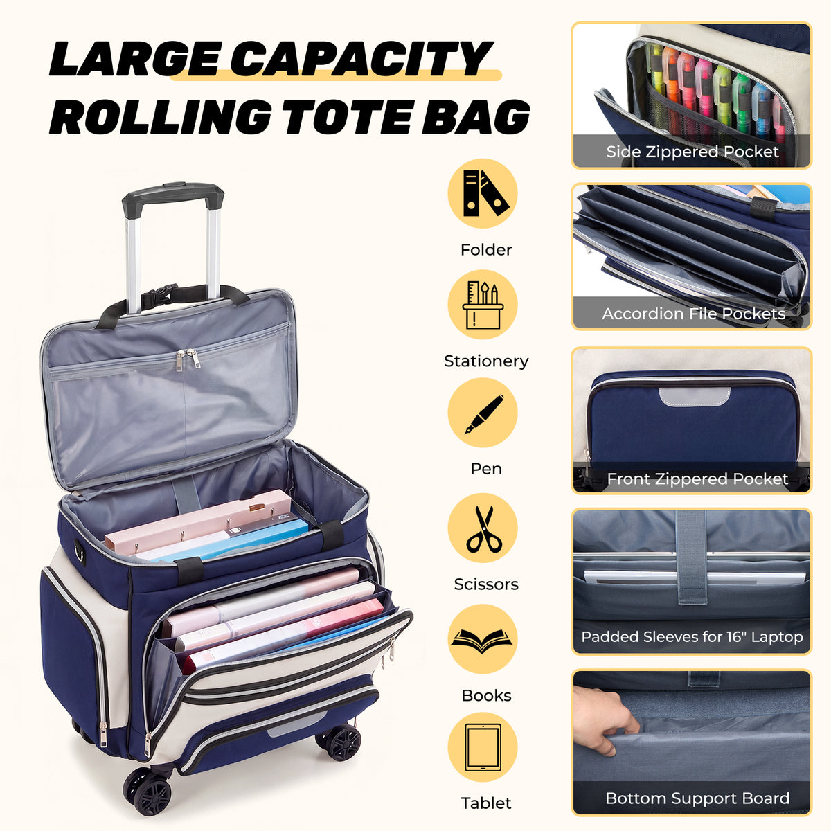Rolling Craft Bag,Rolling Teacher Bag with Insulated Lunch Bag,Large Sewing Machine Tote & Accessory Storage,Detachable Rolling Transport Tote for Crafts,Teaching,Office