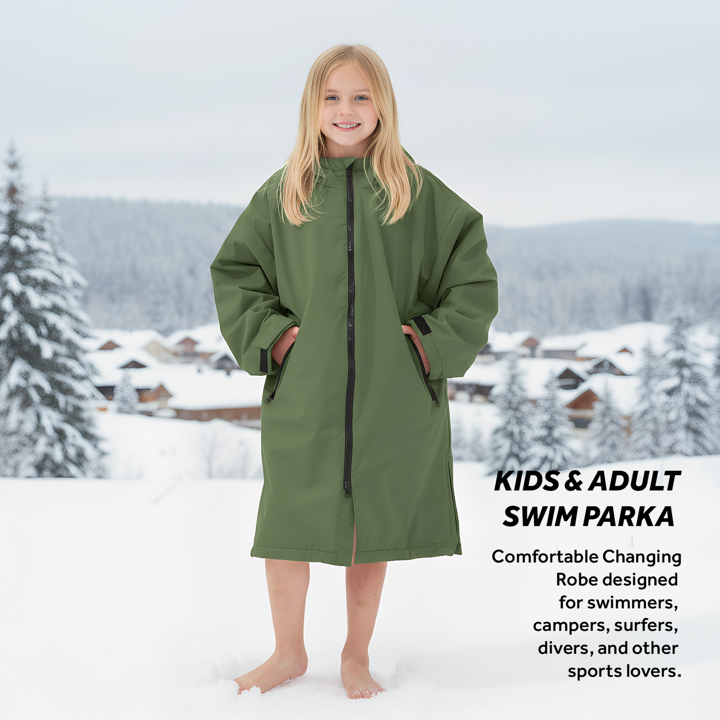 Lobmouse Swim Parka for Adult and Kids,Unisex Fleece Lined Hooded Swim Jacket,Waterproof Windproof Versatile Warm Coat Oversized Bat Wing Changing Poncho for Surfing Swimming