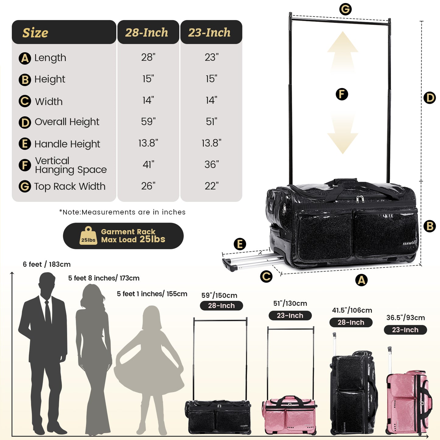 Fegat 28" Dance Bag with Garment Rack,Upgraded Collapsible Glittering Rolling Competition Dance Duffle Bag Lightweight Wear-Resistant Costume Wheeled Suitcase for Dancers Shows,Black