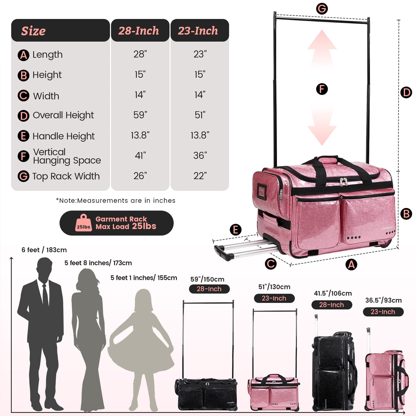 Fegat 28" Dance Bag with Garment Rack,Upgraded Collapsible Glittering Rolling Competition Dance Duffle Bag Lightweight Wear-Resistant Costume Wheeled Suitcase for Dancers Shows,Black