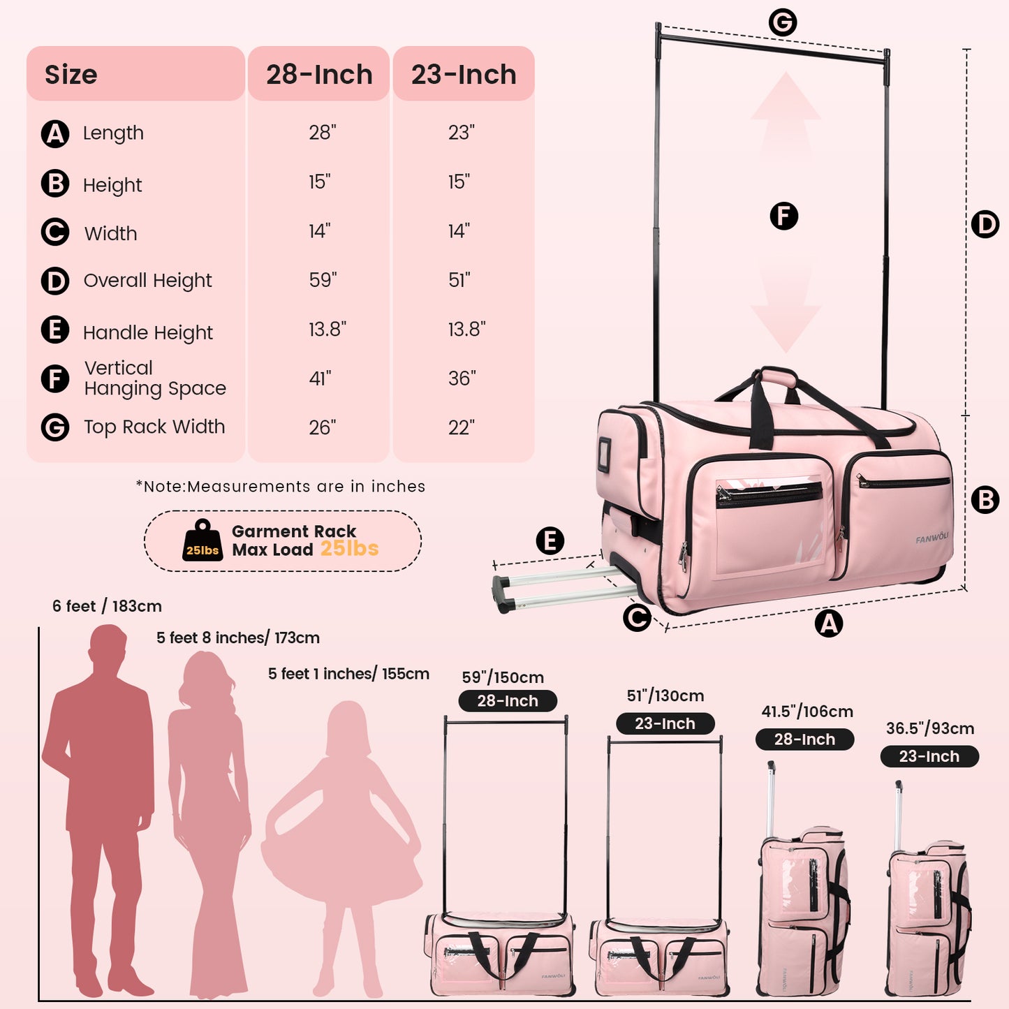 Fegat 23" Collapsible Rolling Competition Dance Duffle Bag, Pink-23Inch