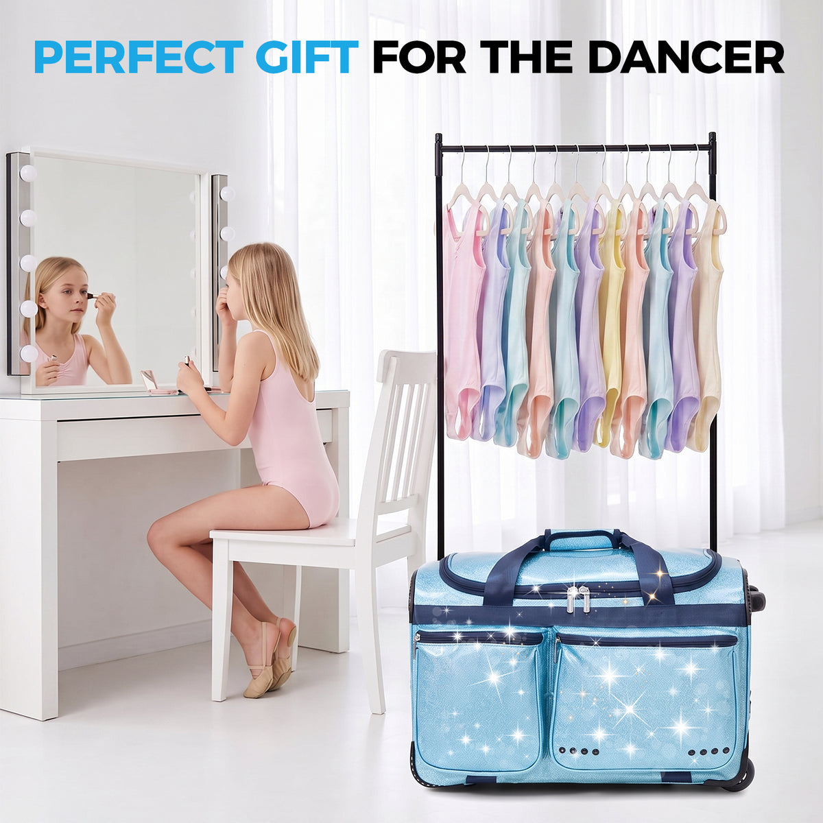 Fegat Dance Bag with Garment Rack, 23" Glittering Rolling Dance Competition Bag Prism-Glowing Waterproof Dance Duffel Bag Costume Suitcase for Dancers Performer Artist,Sparkle Blue