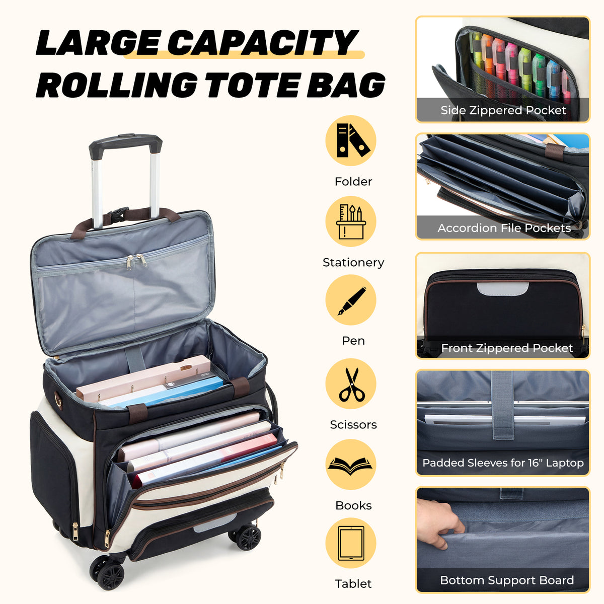 Rolling Craft Bag,Rolling Teacher Bag with Insulated Lunch Bag, Large Sewing Machine Tote & Accessory Storage, Detachable Rolling Transport Tote for Crafts, Teaching, Office, Black