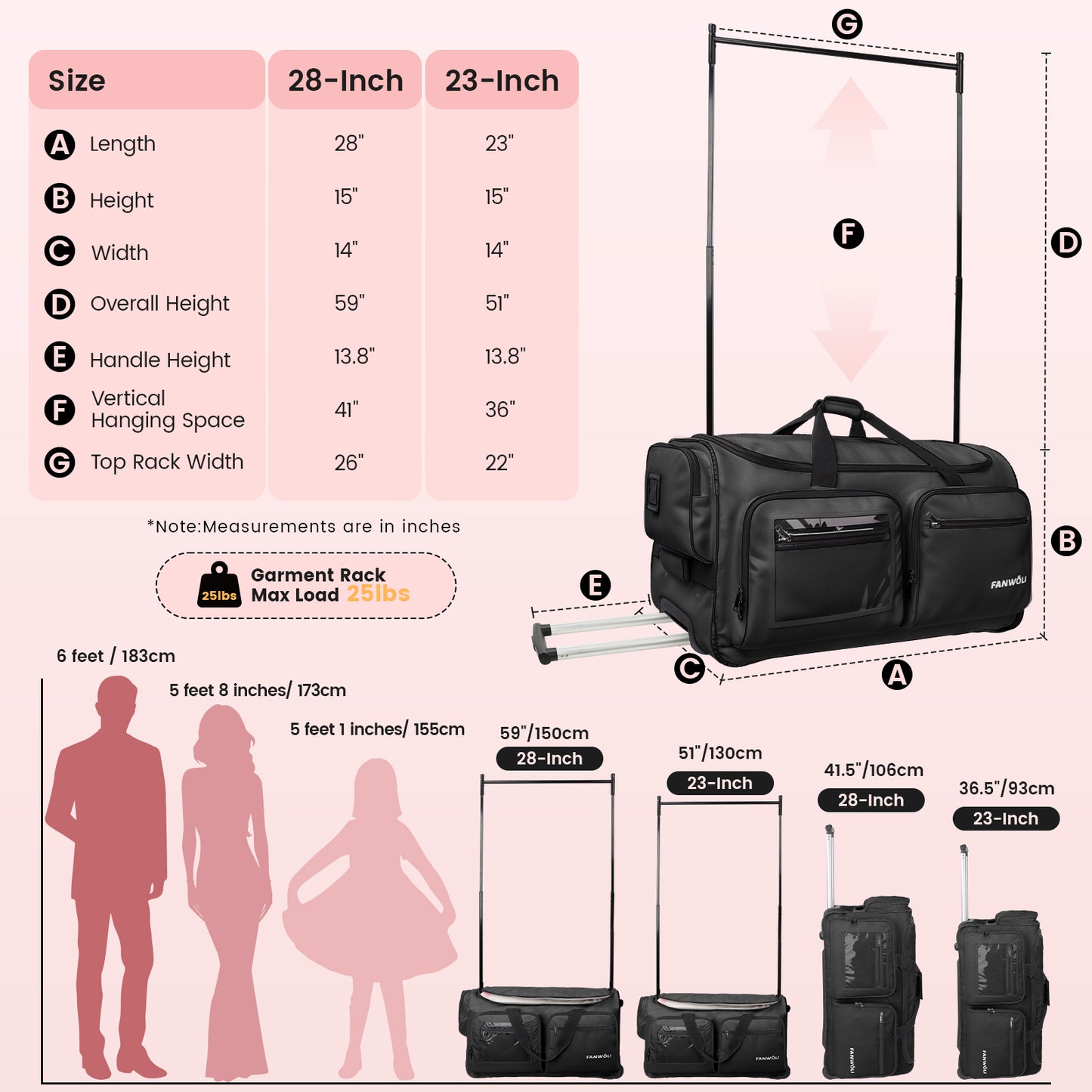 Fegat Dance Bag with Garment Rack, 23" Foldable Rolling Competition Dance Duffle Bag with Portable Clothes Changing Cover, Costume Suitcase for Dancers Shows Athletes