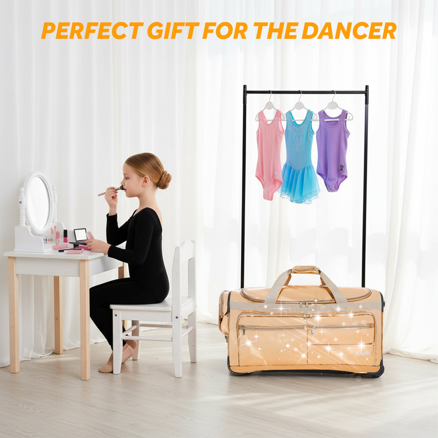 Fegat 28" Dance Bag with Garment Rack,Upgraded Glitter Rolling Competition Dance Duffel Bag Waterproof Costume Travel Bag Costume Suitcase for Dancer Performer Athletes,Gold