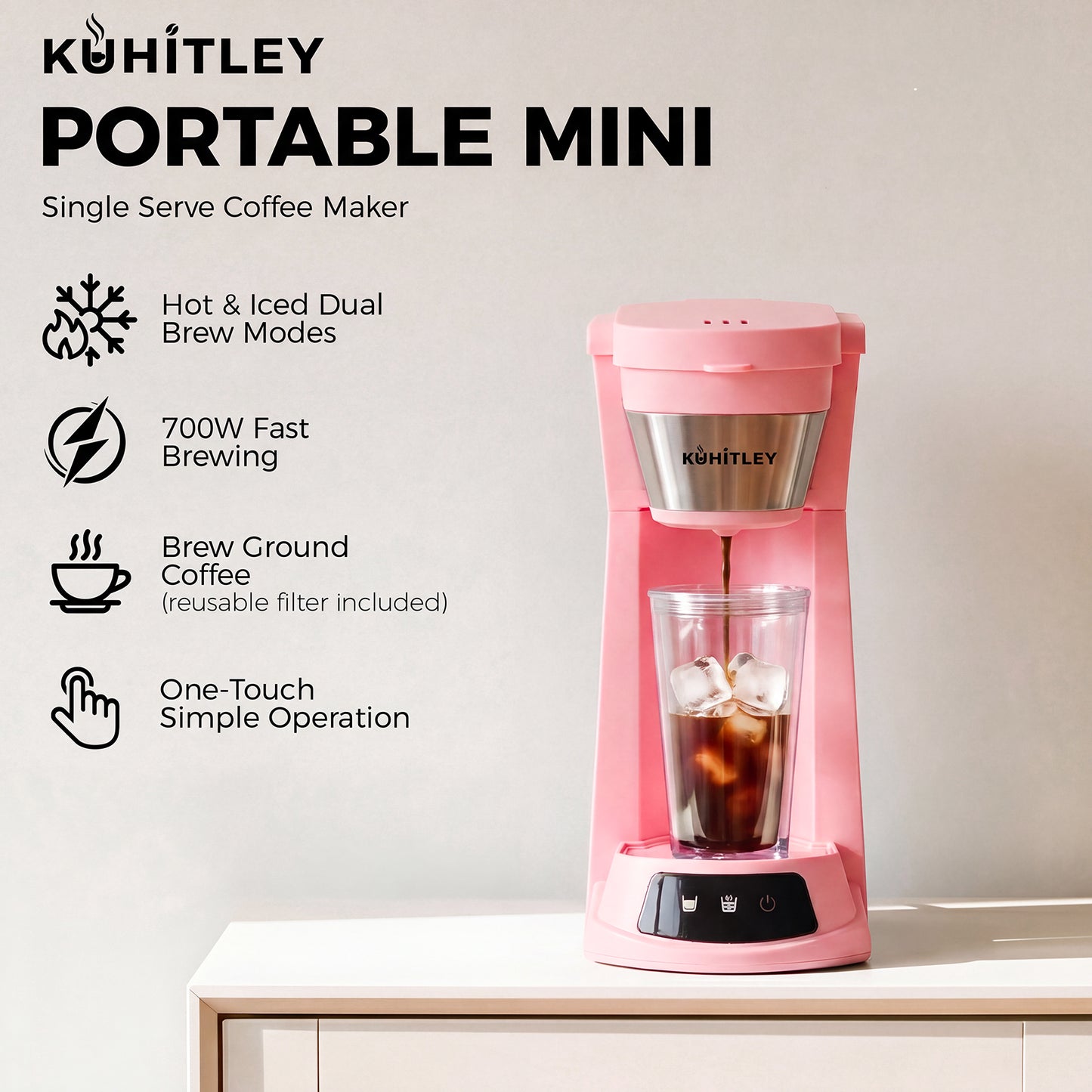 Kuhitley Single Serve Coffee Maker for Grounds,14oz Hot & Iced Coffee Brewer with 420ml Water Cup,700W Compact Machine with Reusable Mesh Filter,One Cup Coffee Maker for Home