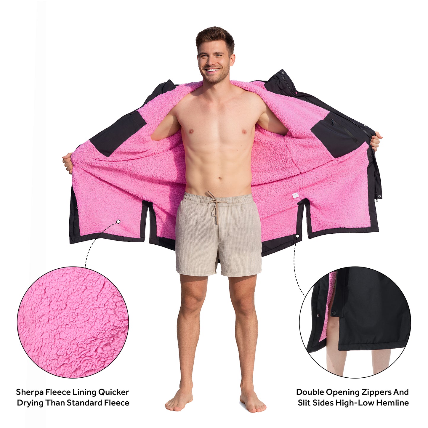 Lobmouse Unisex Swim Parka,Sherpa Fleece Lined Warm Coat,Windproof Waterproof Quick-dry Hooded Swim Jacket,Oversize Surf Poncho Changing Robe Parka for Adult & Kids