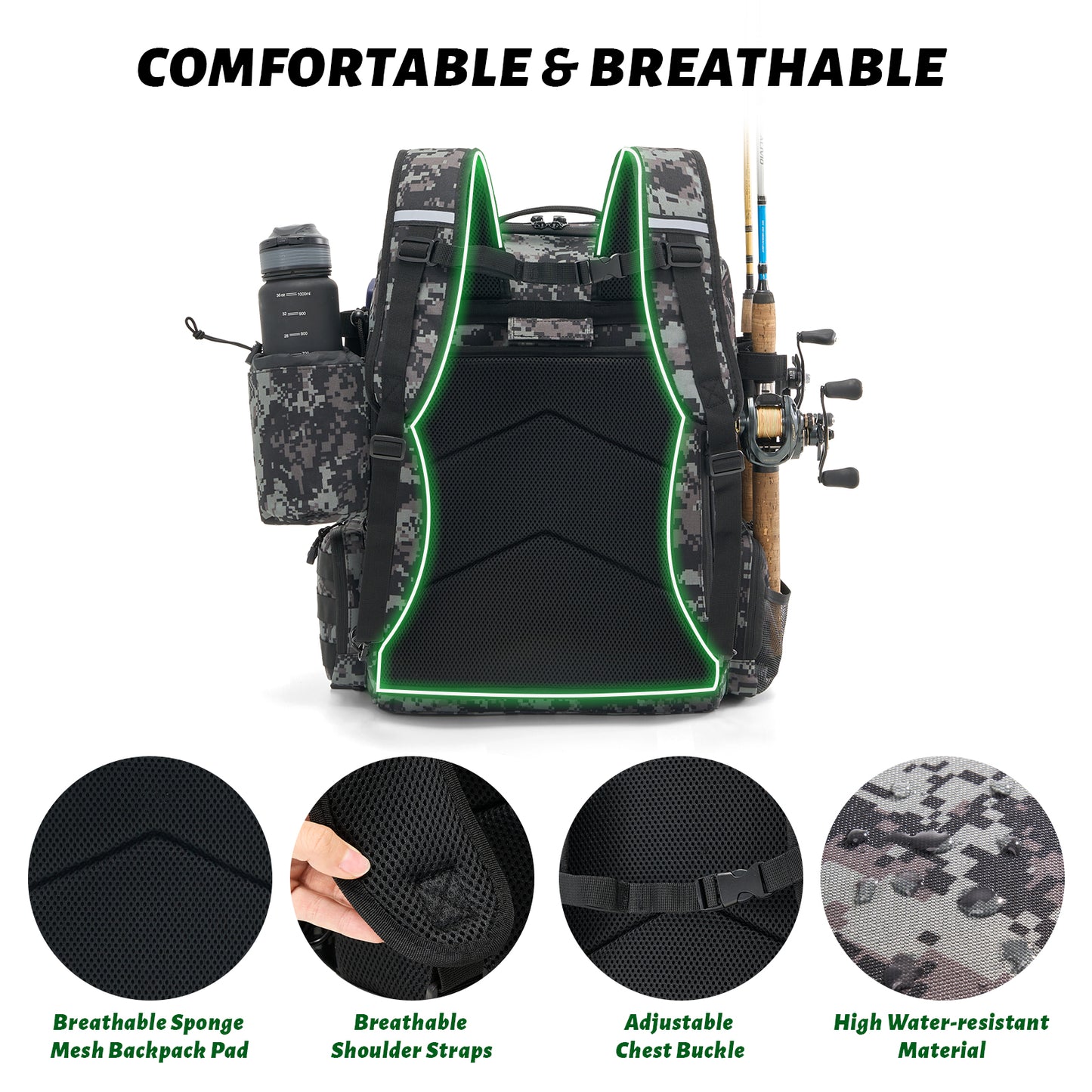 Fegat Rolling Fishing Tackle Backpack with Rod & Gear Holder, 48L Large Wheeled Storage Bag Tackle Boxes Organize Fishing Equipment for Camping,Hunting Gifts for Men Father, Black