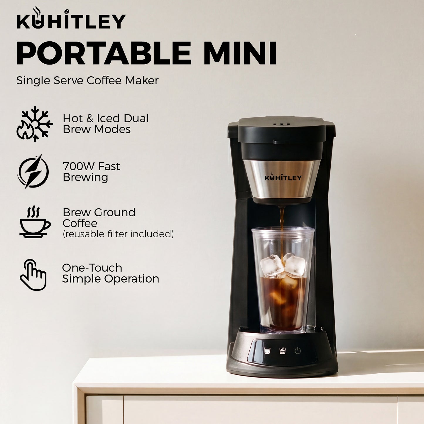 Kuhitley Single Serve Coffee Maker for Grounds,14oz Hot & Iced Coffee Brewer with 420ml Water Cup,700W Compact Machine with Reusable Mesh Filter,One Cup Coffee Maker for Home
