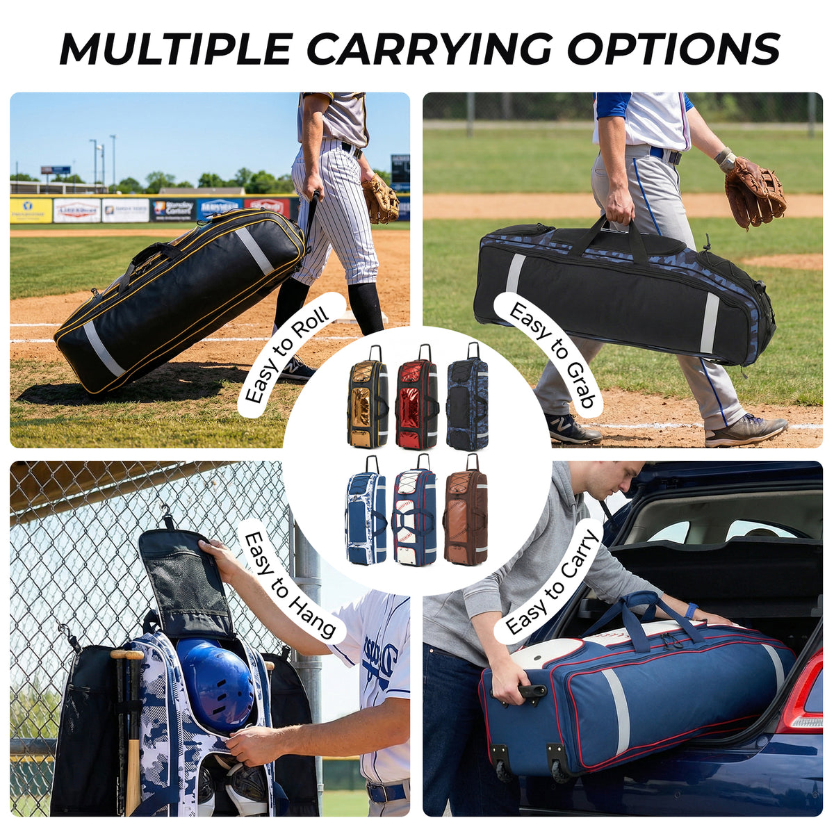 Fegat 100L Rolling Baseball Bag, Newly Catchers Gear Bag for Baseball Softball, Portable Waterproof Equipment Bag Holds 8 Bats, Stand-Up Base, Reflective Strip, Fence Hooks