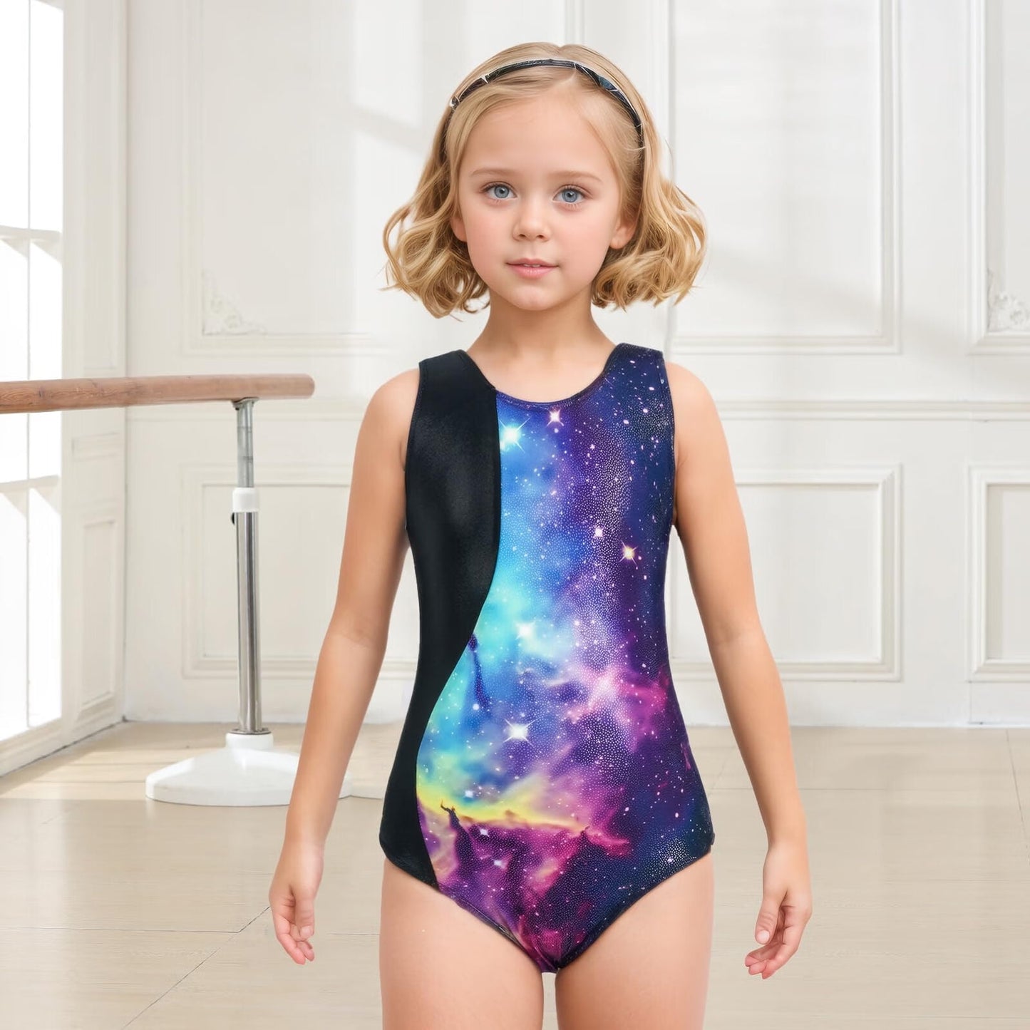 Girls Gymnastics Leotards Sleeveless U Shape Neck,Sparkly Dance Unitards with Shorts and Hair Rope for 3-12 Years girls