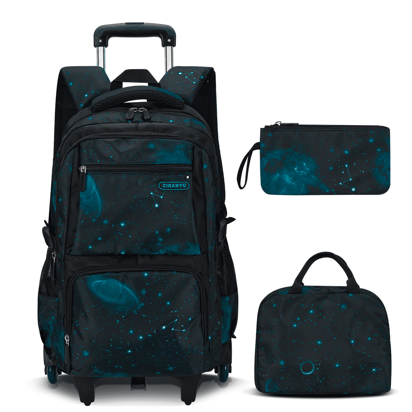 IvyH Rolling Backpack 3PCS Wheeled Backpack Lightweight Waterproof Bag Set with Lunch Bag Pen Case,Dark Blue Starry Sky