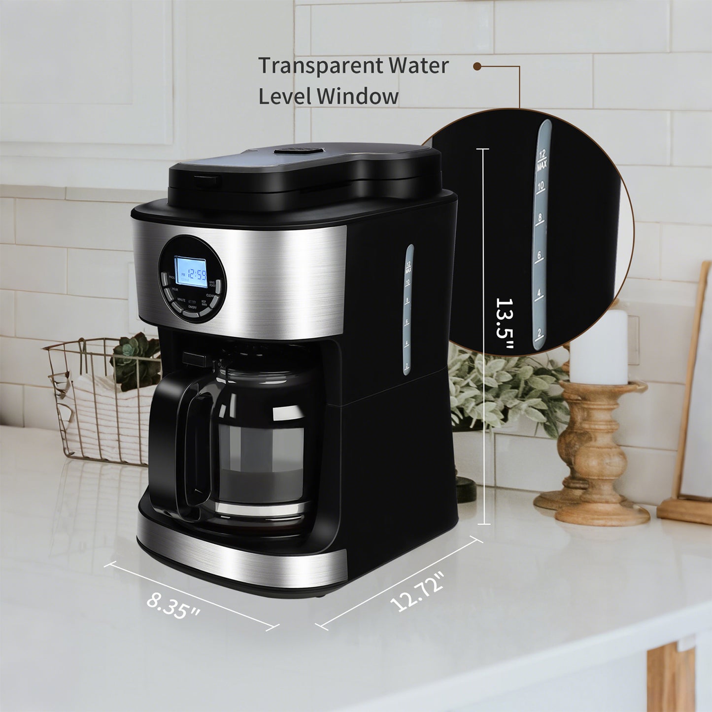 Kuhitley Coffee Maker with Grinder 12 Cups, Programmable Grind and Brew Coffee Machine with Warming Plate, Automatic Drip Coffee Pot with 60 oz Glass Carafe BPA Free, 950W, Black