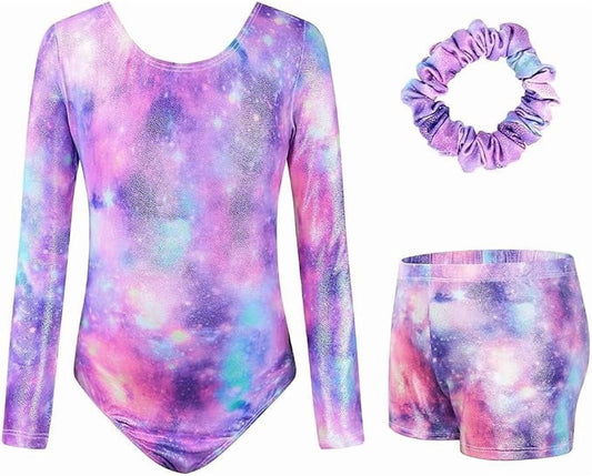 Leotards for Girls Gymnastics,Long Sleeve Sparkly Dance Biketards with Shorts Ballet Tumbling Outfit for 3-12 Years