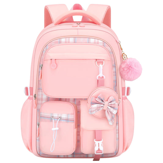 Girls Backpack Lightweight Waterproof Bookbag with Reflective Straps, Kids School Bag with Coin Purse & Cute Pendant Middle School for Grades 1-5