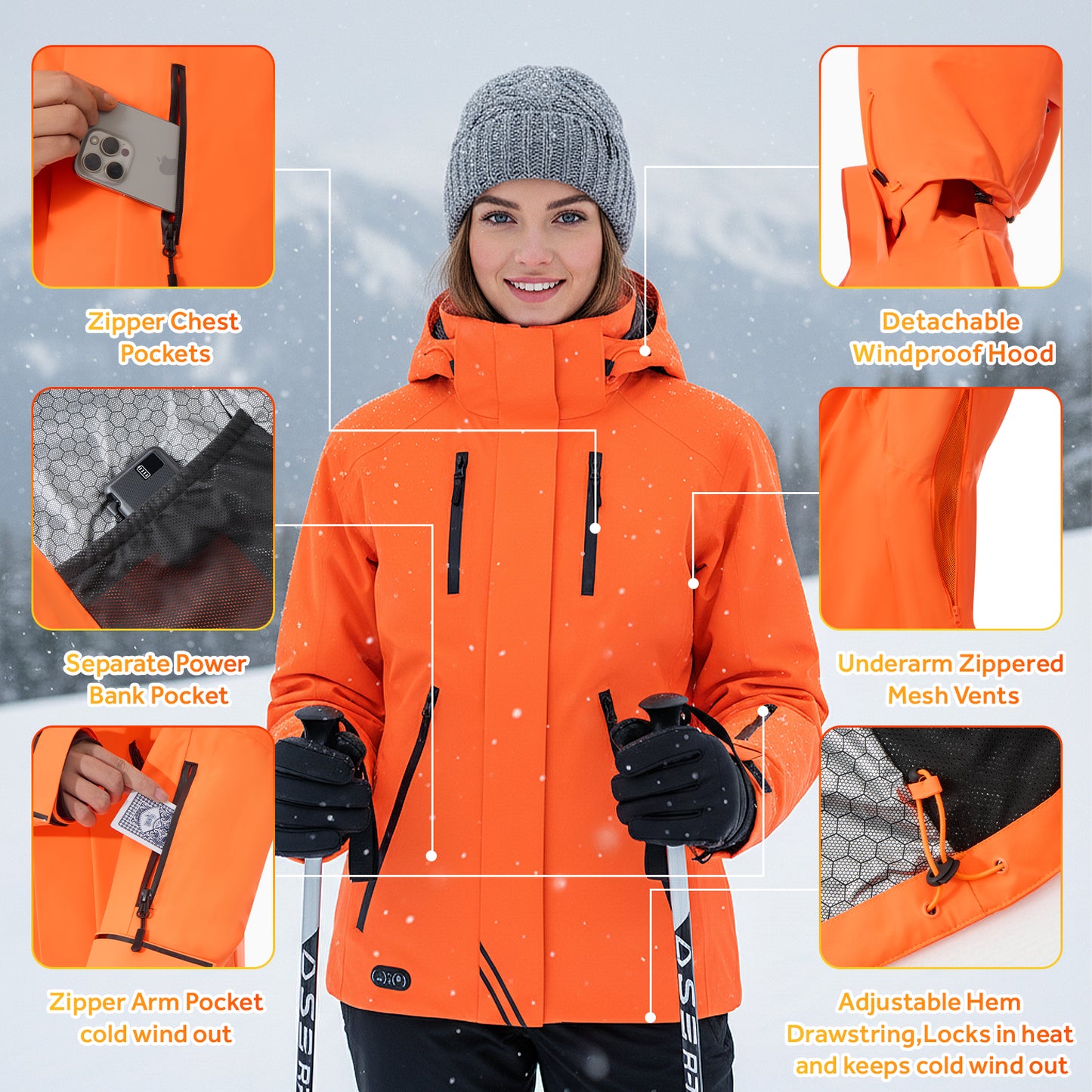 Heated Jacket for Men Women,Battery Powered Heating Jacket,Waterproof Windproof Warm Hooded Heated Coat for Hiking Skiing Camping