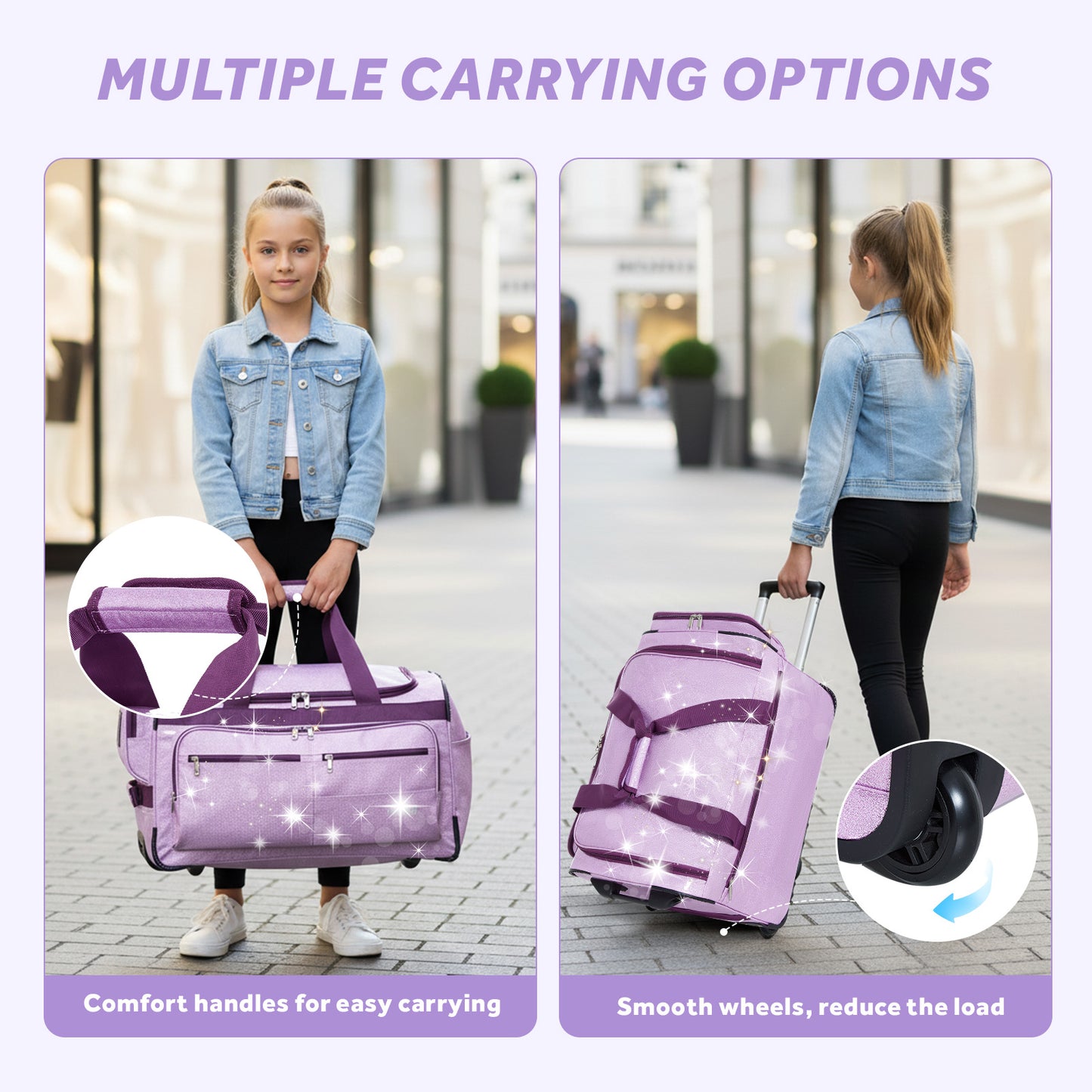 Fegat Dance Bag with Garment Rack,23"Glitter Bright Rolling Dance Duffel Bag Lightweight Competition Bag Costume Suitcase for Dancers Performer Artist, Shine Glitter Purple