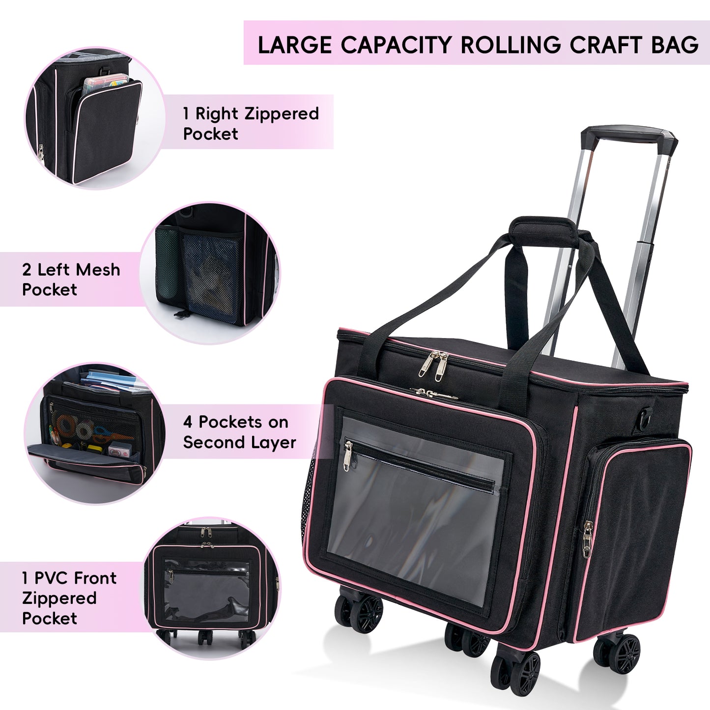 Fegat Rolling Craft Bag,Large Rolling Teacher Tote Bag with Laptop Compartment,Detachable Dolly,Roller Scrapbook Tote Bag Sewing Machine Storage Tote for Women,Craft,Teaching,Office, 5 Wheels, 17.3"