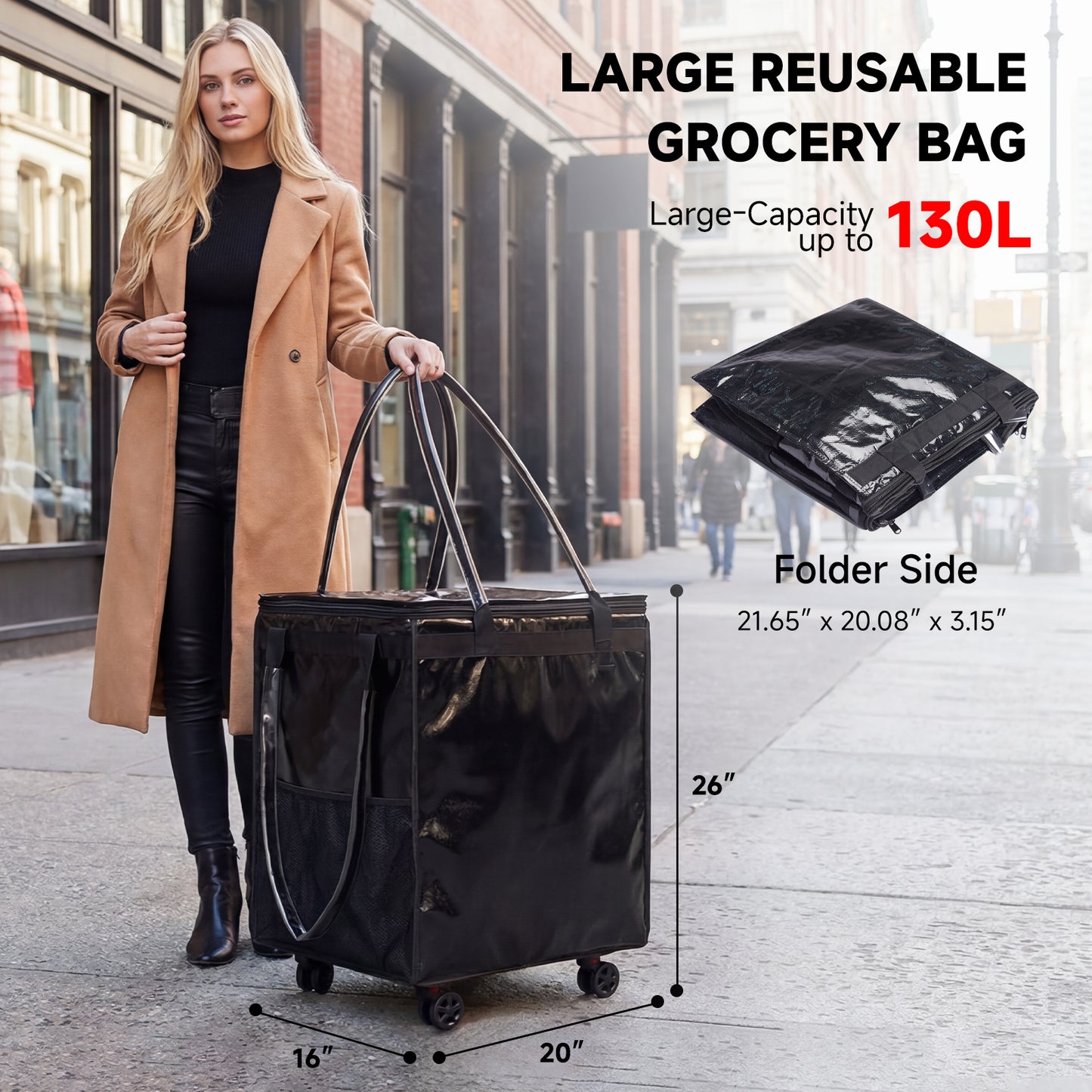 Fegat Reusable Grocery Bag on Wheels,Foldable Rolling Tote,Large Shopping Bags with Wheels and Handle,Water-resistant Shopping Trolley for Trips, Moving,Laundry,Kitchen(Black)