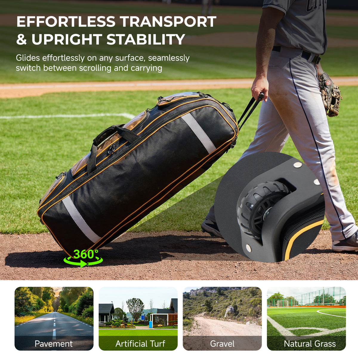 Fegat 100L Rolling Baseball Bag, Newly Catchers Gear Bag for Baseball Softball, Portable Waterproof Equipment Bag Holds 8 Bats, Stand-Up Base, Reflective Strip, Fence Hooks