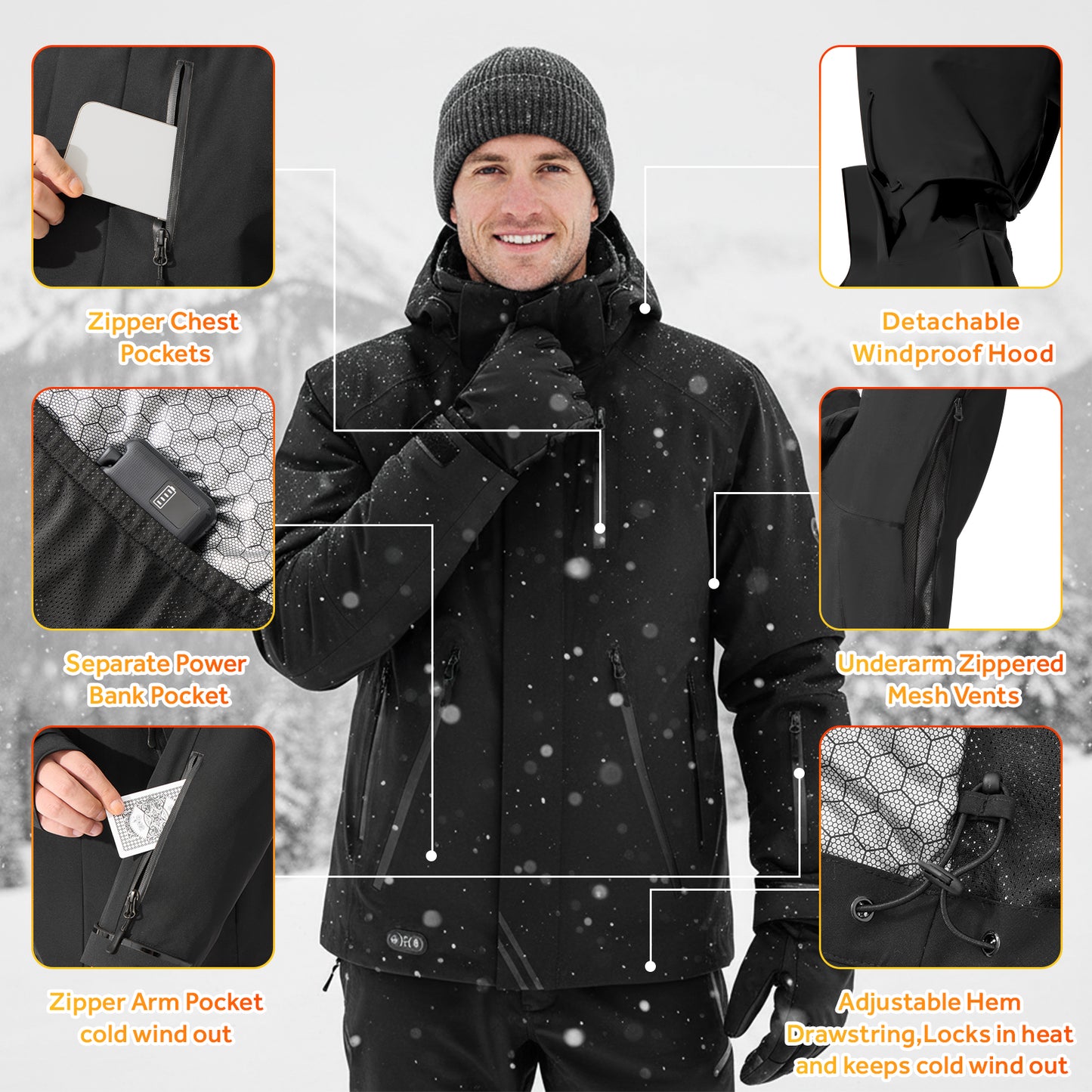 Heated Jacket for Men Women,Battery Powered Heating Jacket,Waterproof Windproof Warm Hooded Heated Coat for Hiking Skiing Camping
