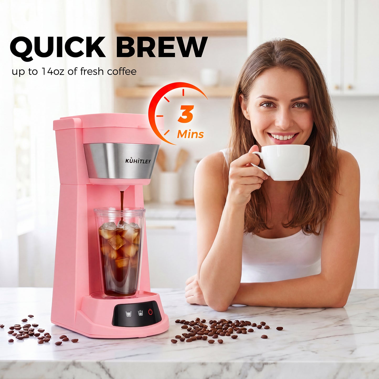 Kuhitley Single Serve Coffee Maker for Grounds,14oz Hot & Iced Coffee Brewer with 420ml Water Cup,700W Compact Machine with Reusable Mesh Filter,One Cup Coffee Maker for Home