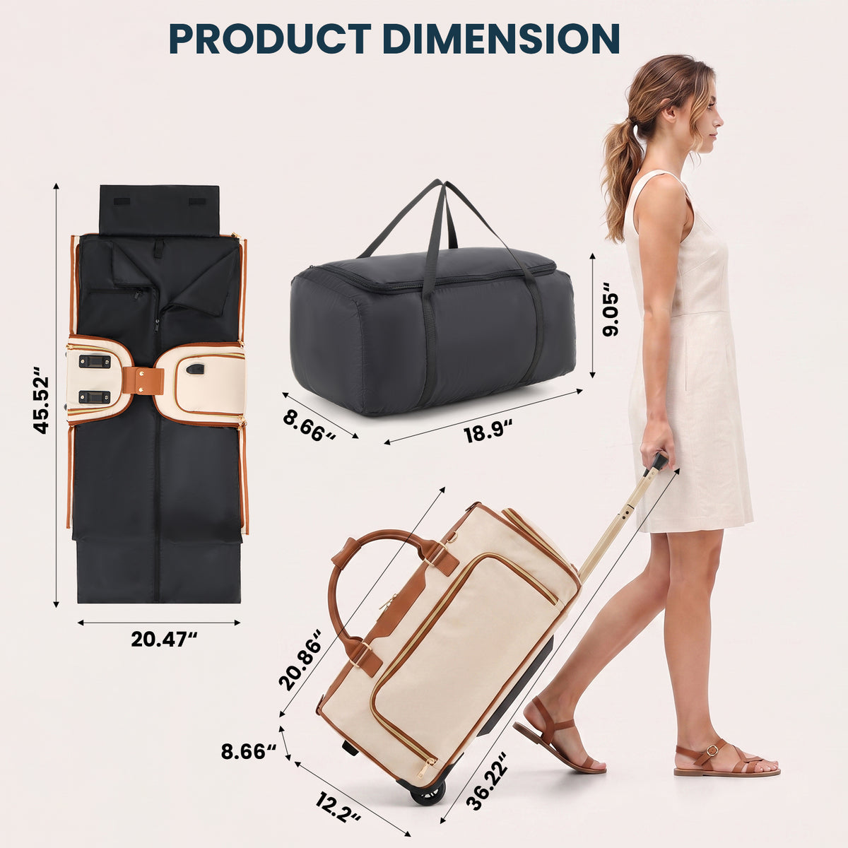 Rolling Garment Bag for Travel,3-in-1 Carry On Luggage with Wheels & Shoe Compartment,Detachable Bag,Large Suitcase Suit Business Duffle Bag,Organize for Suits, Dresses,Gowns