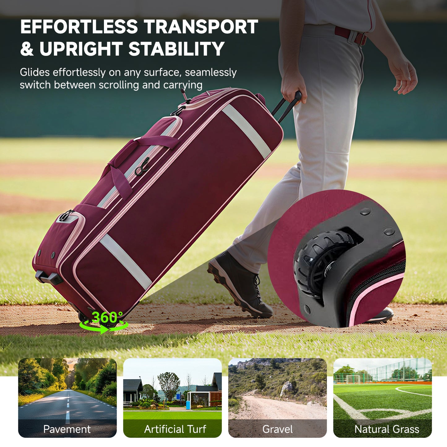 Fegat Rolling Baseball Bag with Wheels,90L Large Softball Bag Catchers Gear Bags for 8 Bats,Equipment Bag with 5 Fence Hooks,Reflective Strip,Shoe Compartment,Holds All Softball Baseball Equipment