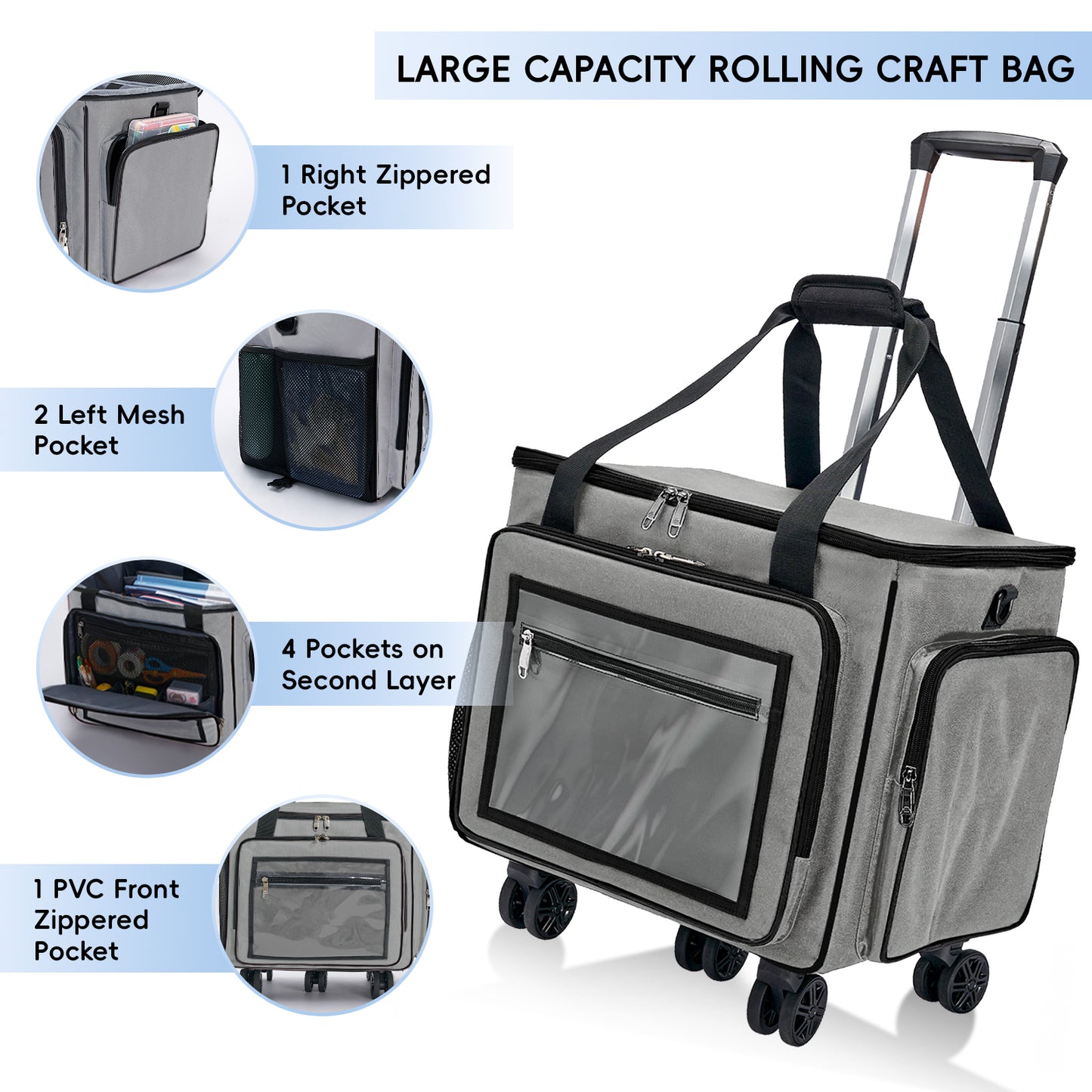 Fegat Rolling Craft Bag,Sewing Machine Tote,Large Sewing Accessories Storage with Wheels,Detachable Rolling Teacher Bag and Transport Tote for Craft,Teaching,Office