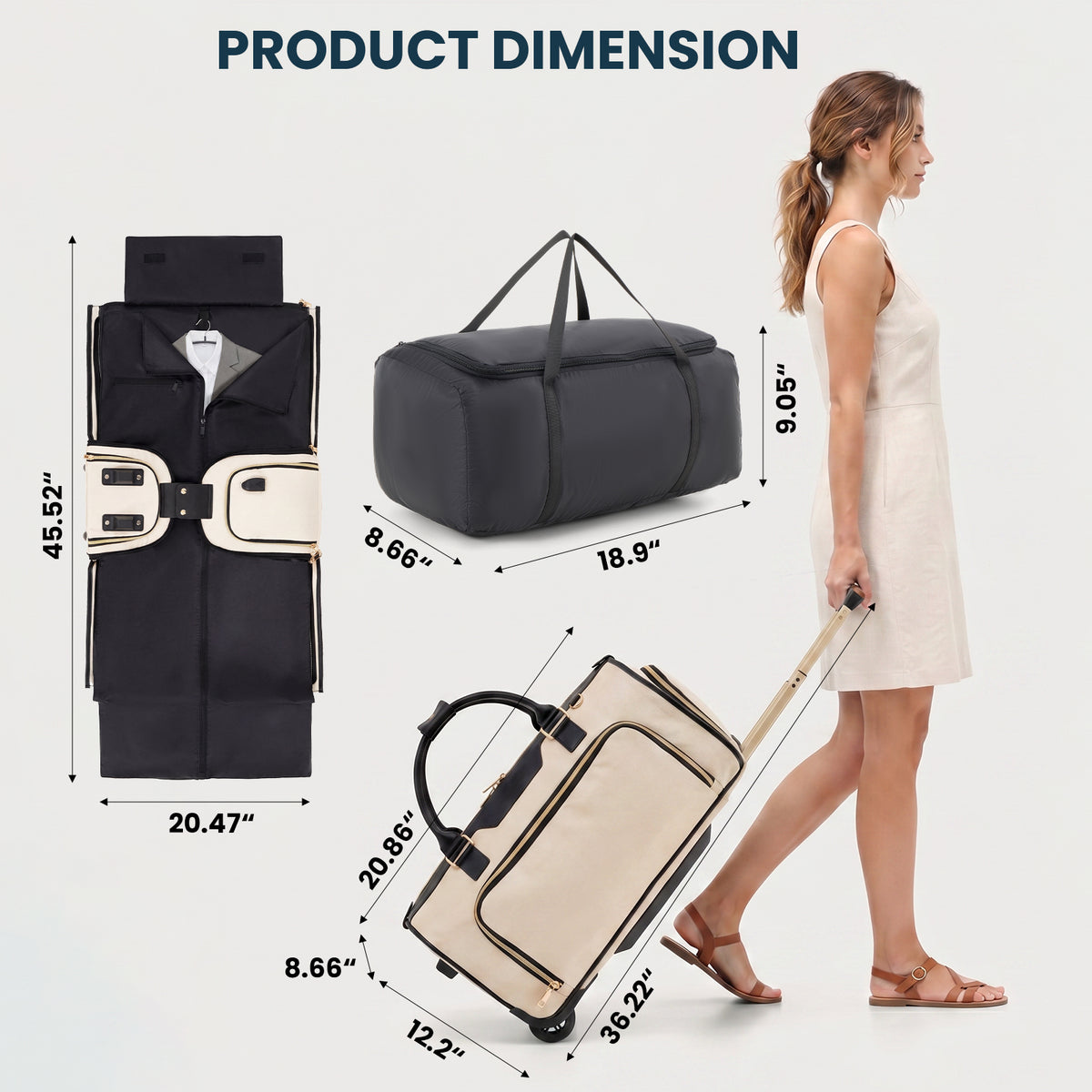 Rolling Garment Bag for Travel,3-in-1 Carry On Luggage with Wheels & Shoe Compartment,Detachable Bag,Large Suitcase Suit Business Duffle Bag,Organize for Suits, Dresses,Gowns