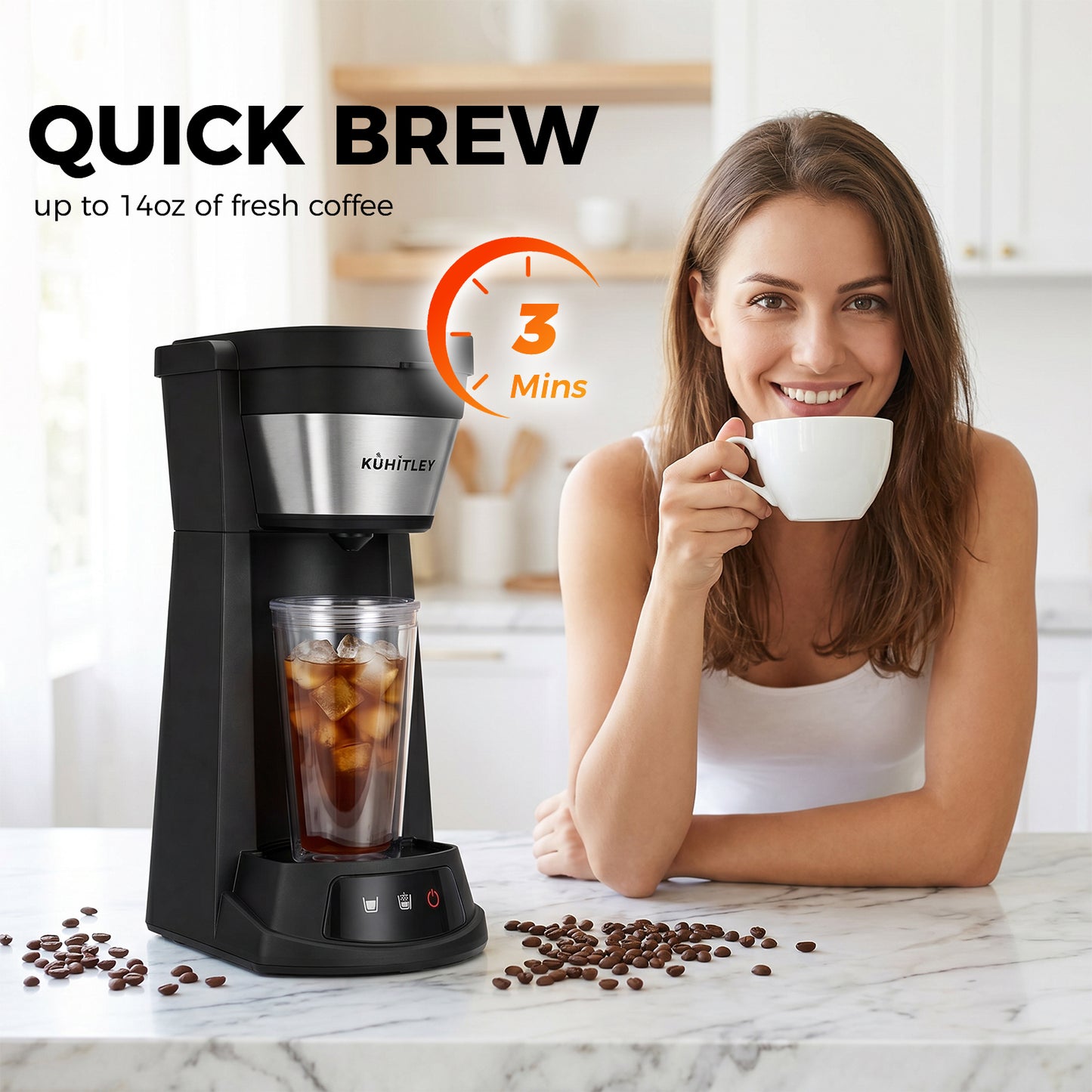 Kuhitley Single Serve Coffee Maker for Grounds,14oz Hot & Iced Coffee Brewer with 420ml Water Cup,700W Compact Machine with Reusable Mesh Filter,One Cup Coffee Maker for Home