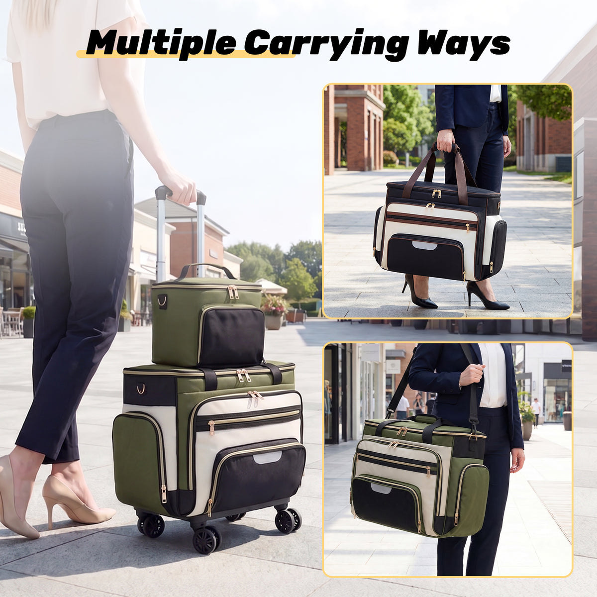 Rolling Craft Bag,Rolling Teacher Bag with Insulated Lunch Bag,Large Sewing Machine Tote & Accessory Storage,Detachable Rolling Transport Tote for Crafts,Teaching,Office