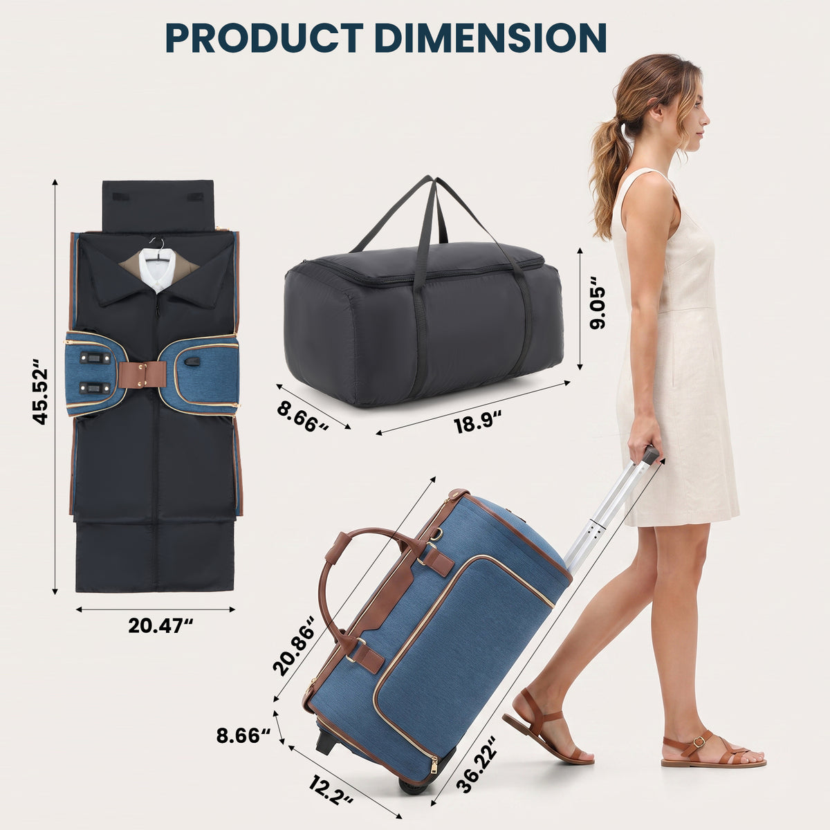 Rolling Garment Bag for Travel,3-in-1 Carry On Luggage with Wheels & Shoe Compartment,Detachable Bag,Large Suitcase Suit Business Duffle Bag,Organize for Suits, Dresses,Gowns